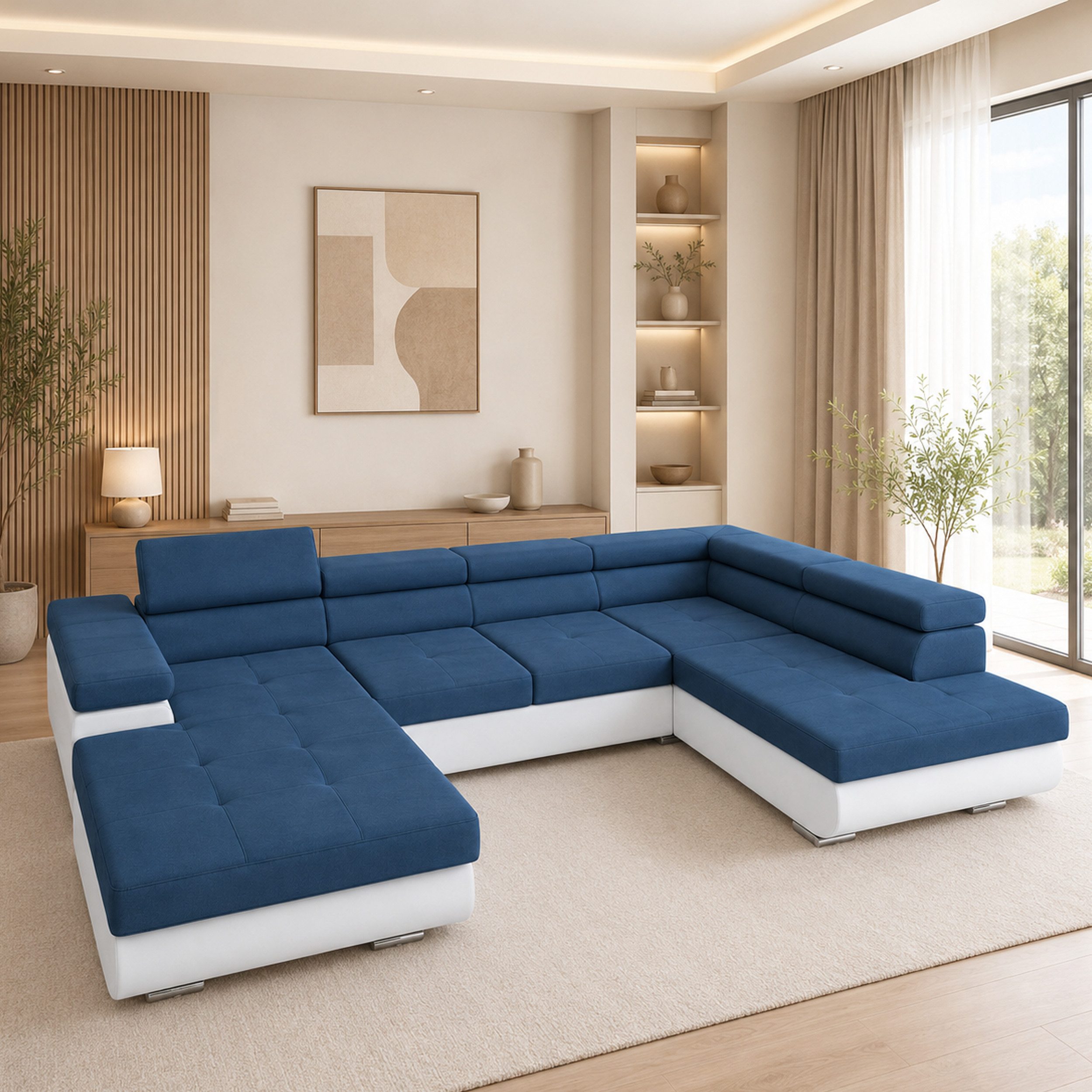 Goldstoff Wohnlandschaft RELAX U Ecksofa mit Schlaffunktion, Kunstleder & Samt, 345 × 205 cm, zwei Bettkästen, verstellbare Kopfstützen