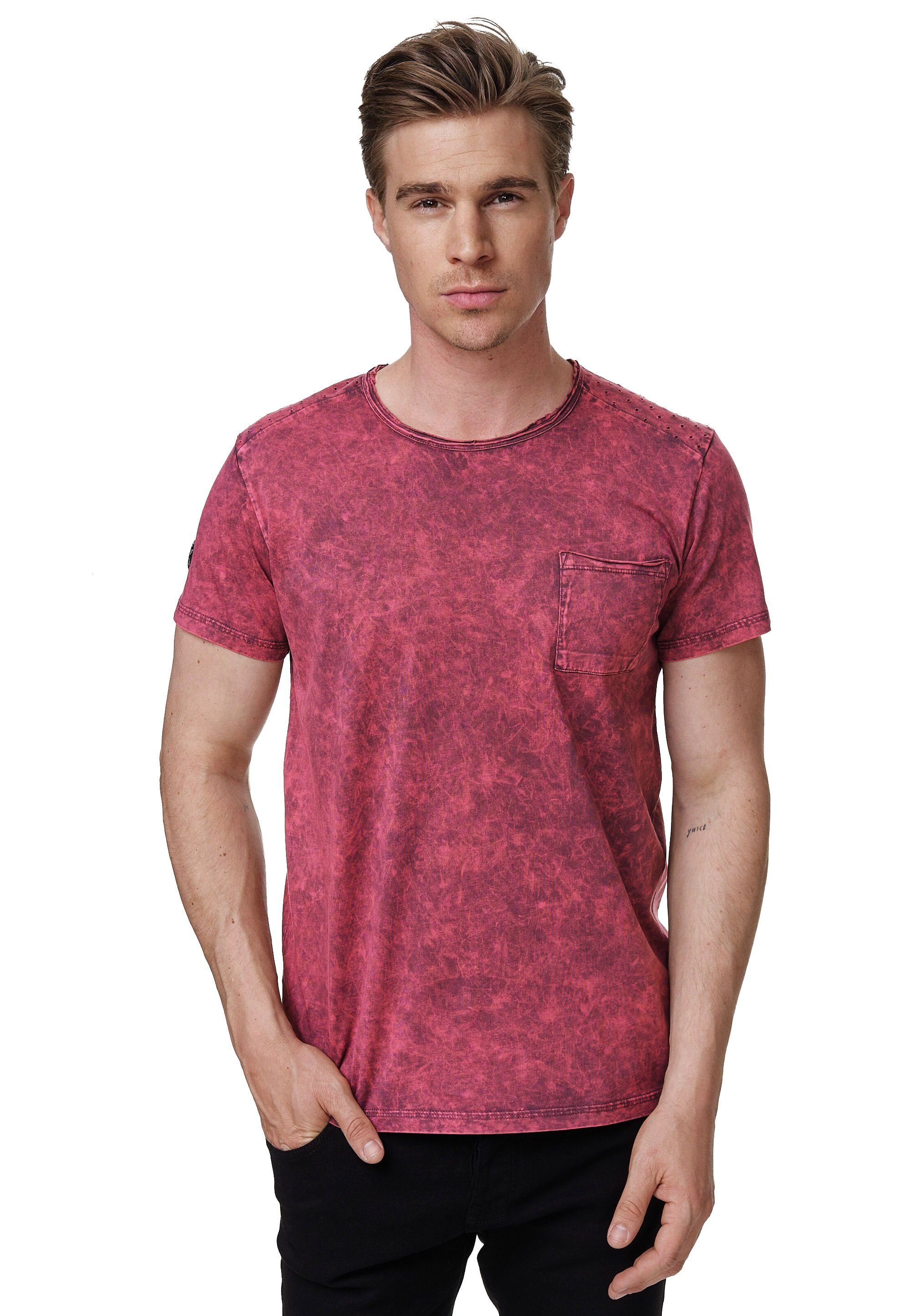 Rusty Neal T-Shirt mit Brusttasche bordeaux Musterung toller und