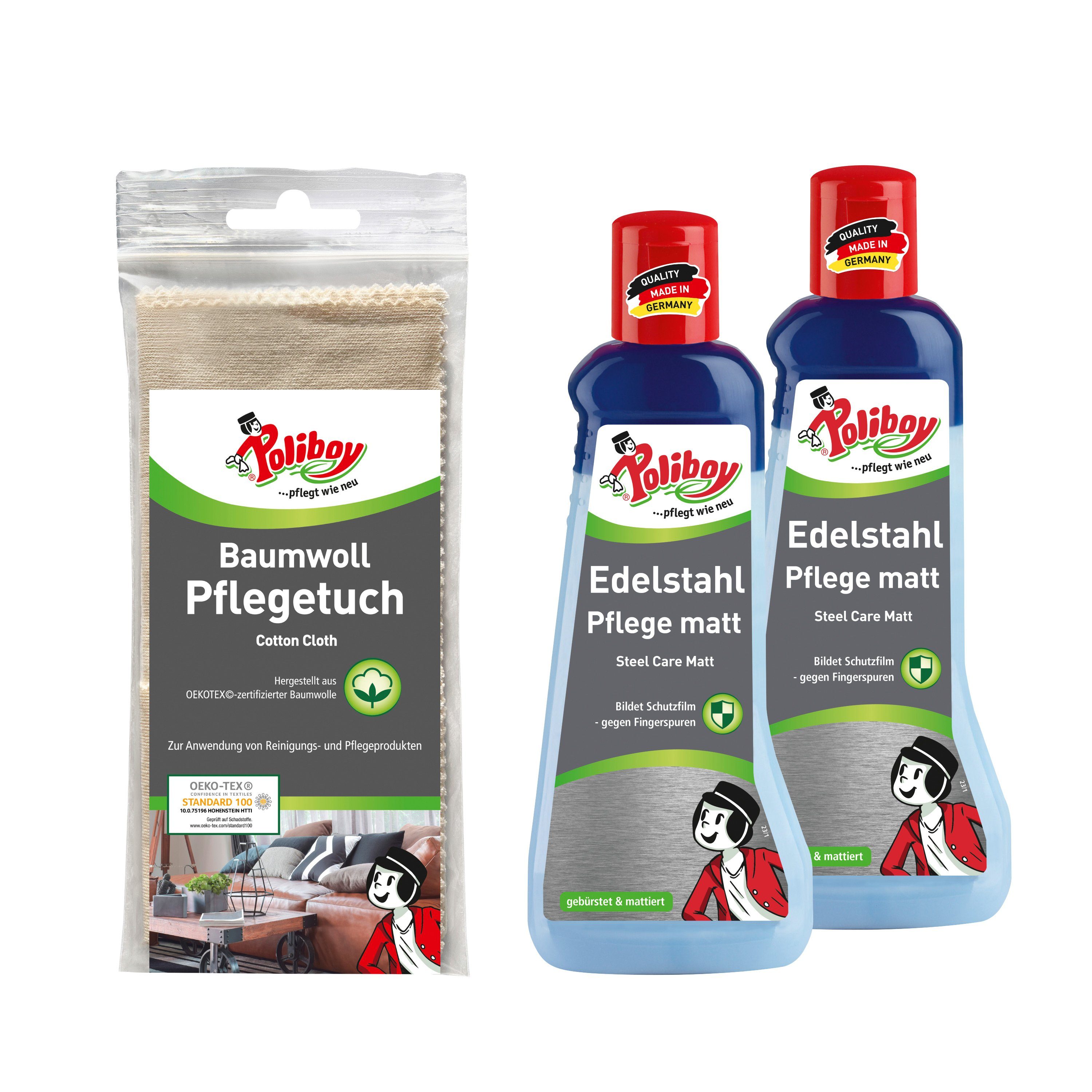 poliboy 99A1101, 2er Edelstahl Pflege matt mit Baumwolltuch Edelstahlreiniger (für Aluminium oder Edelstahl - Made in Germany)