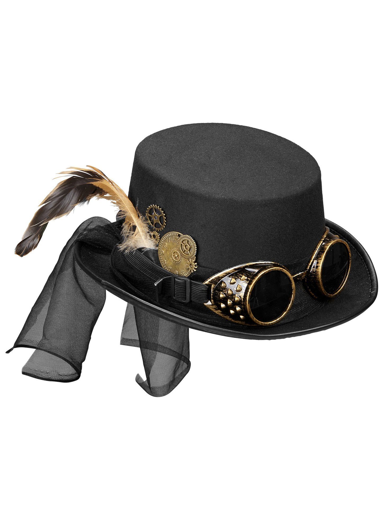 Widdmann Kostüm Steampunk Zylinder - Karneval Faschingskostüm, Filzzylinder mit Messing-Deko und Steampunk-Brille