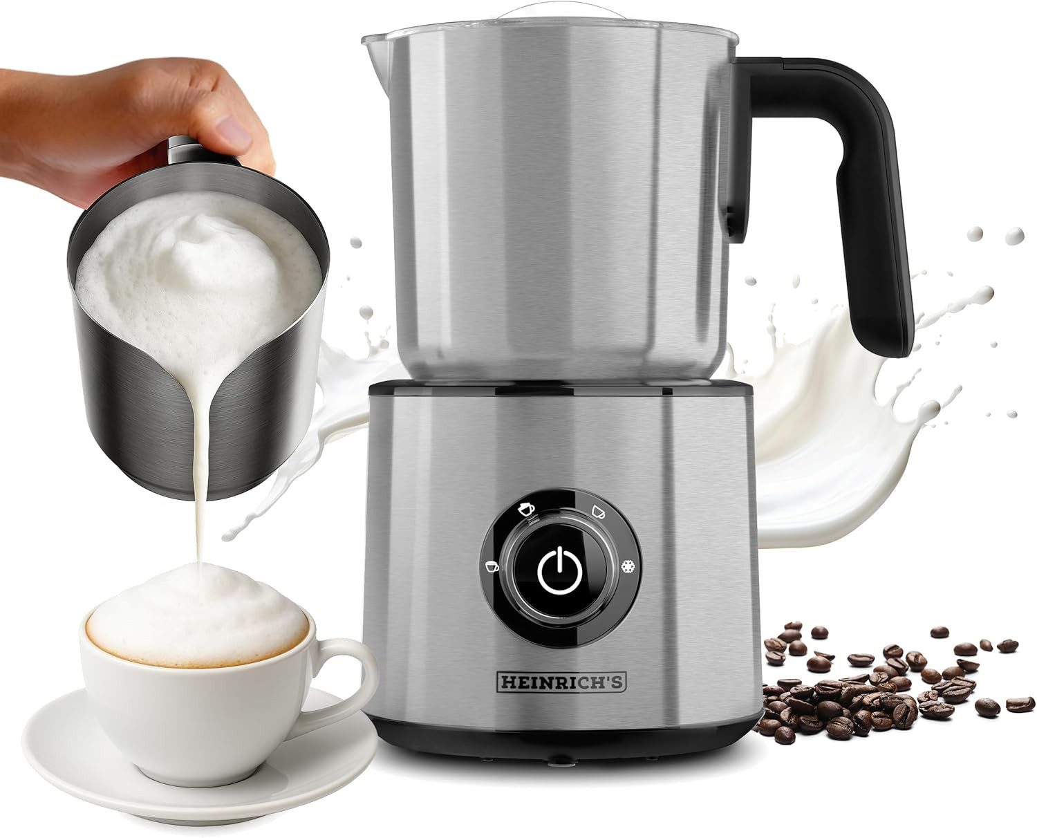 Heinrich´s Milchaufschäumer 250ml Kapazität, Elektrisch 4in1, 600 W, 360° drehbare Basis, Kalter/Warmer Milchschaum, 600W