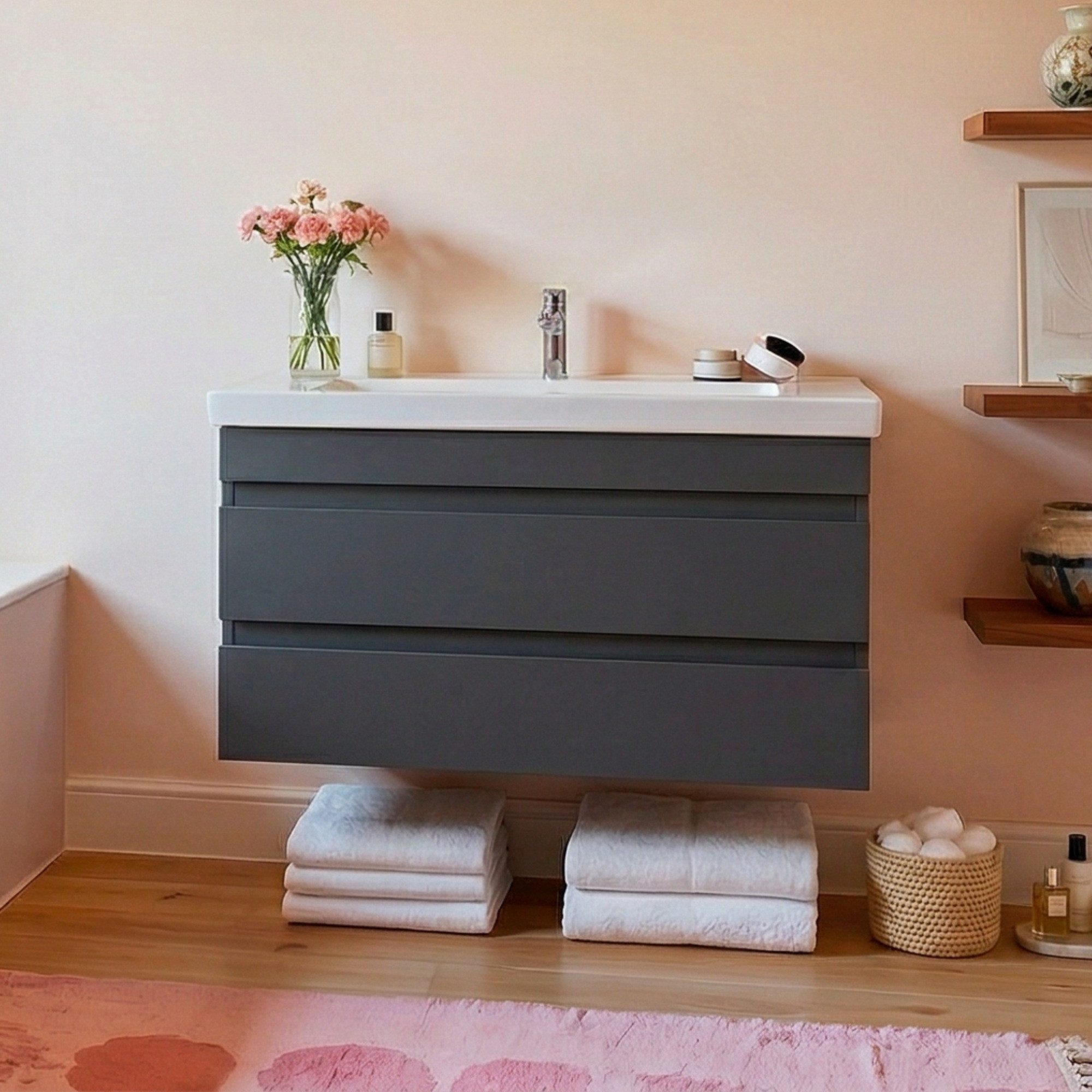 Karen Waschtisch-Set Waschtisch mit Unterschrank Lara, (Komplett-Set, Standartmäßig 2-Teilig (Unterschrank, Waschbecken), Optionaler Hochschrank, 2-St., Unterschrank mit Schubladen), Minimalistisch, Geradlinig, Matt-Beschichtung, Softclose, Griffleisten