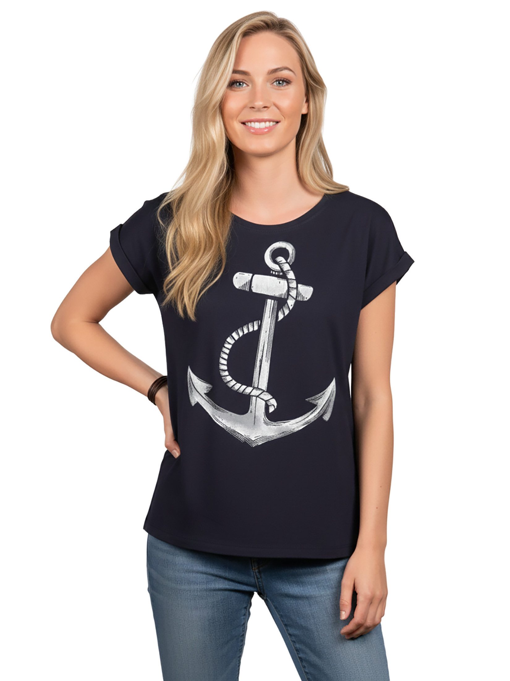 MAKAYA Print-Shirt Damen Anker Motiv Sommer Top Maritime Frauen Oberteile Tunika (Kurzarm, Rundhals, blau, grau, rosa, schwarz) aus Baumwolle