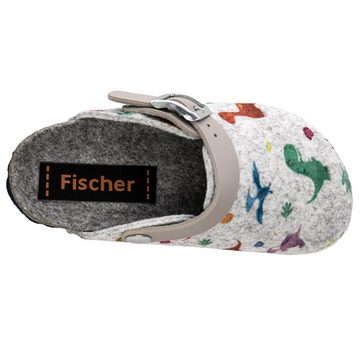 Fischer-Markenschuh Shetland Pantoffel aus Filz, mit Dino´s bedruckt, Filzfutter, Riemen nach hinten klappbar