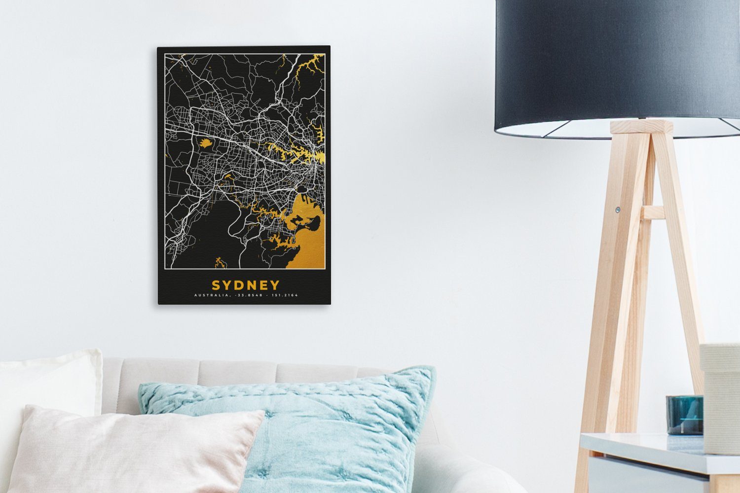 20x30 - - inkl. Leinwandbild (1 Karte, Leinwandbild cm OneMillionCanvasses® Zackenaufhänger, Stadtplan - fertig Sydney bespannt Gold Gemälde, St),