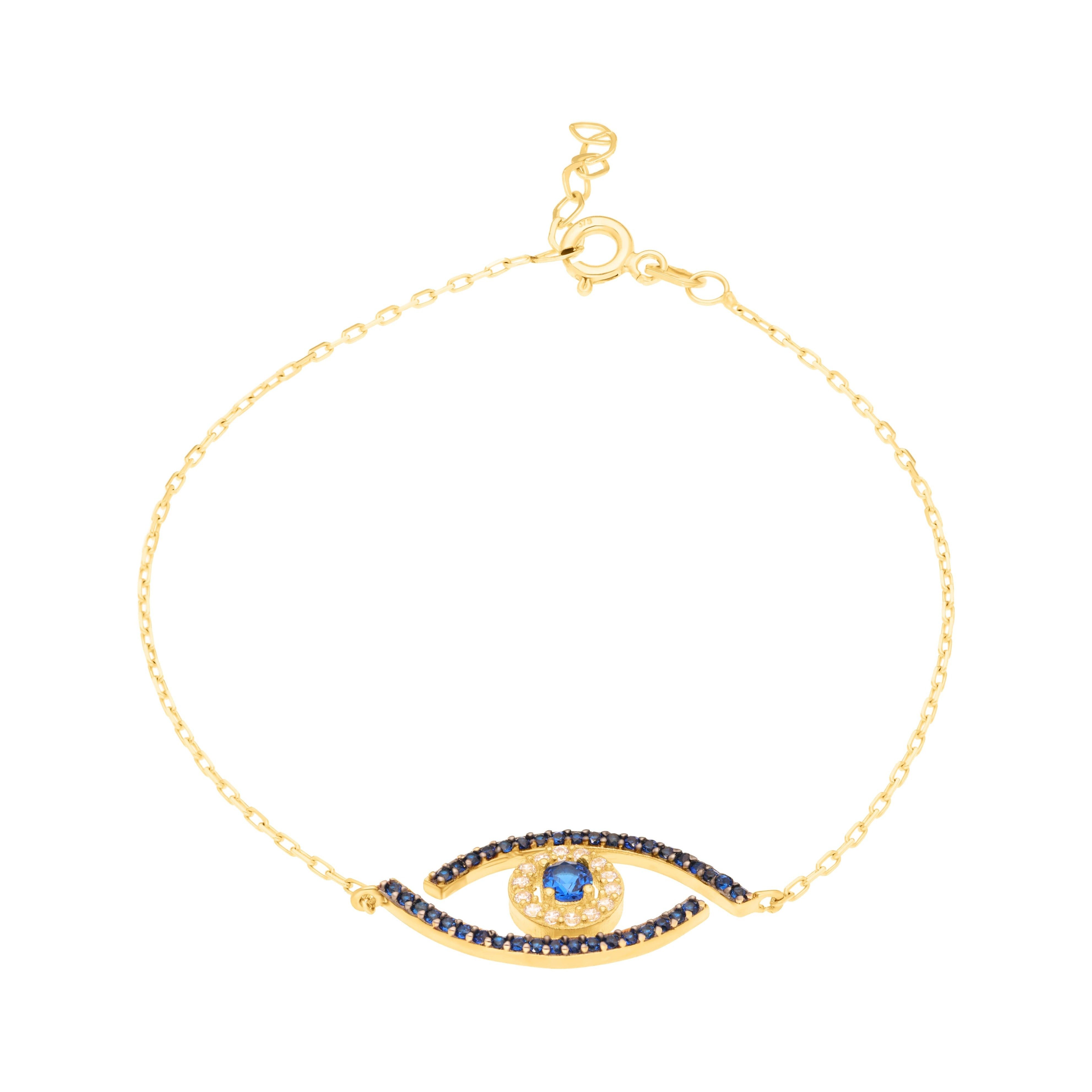 Suzan Gold Charm-Armband 375er Gold Armband Evil Eye – Schutzsymbol in Blau mit Zirkonia, Gelbgold 375, Zirkonia-Steine, Länge: 17+2cm