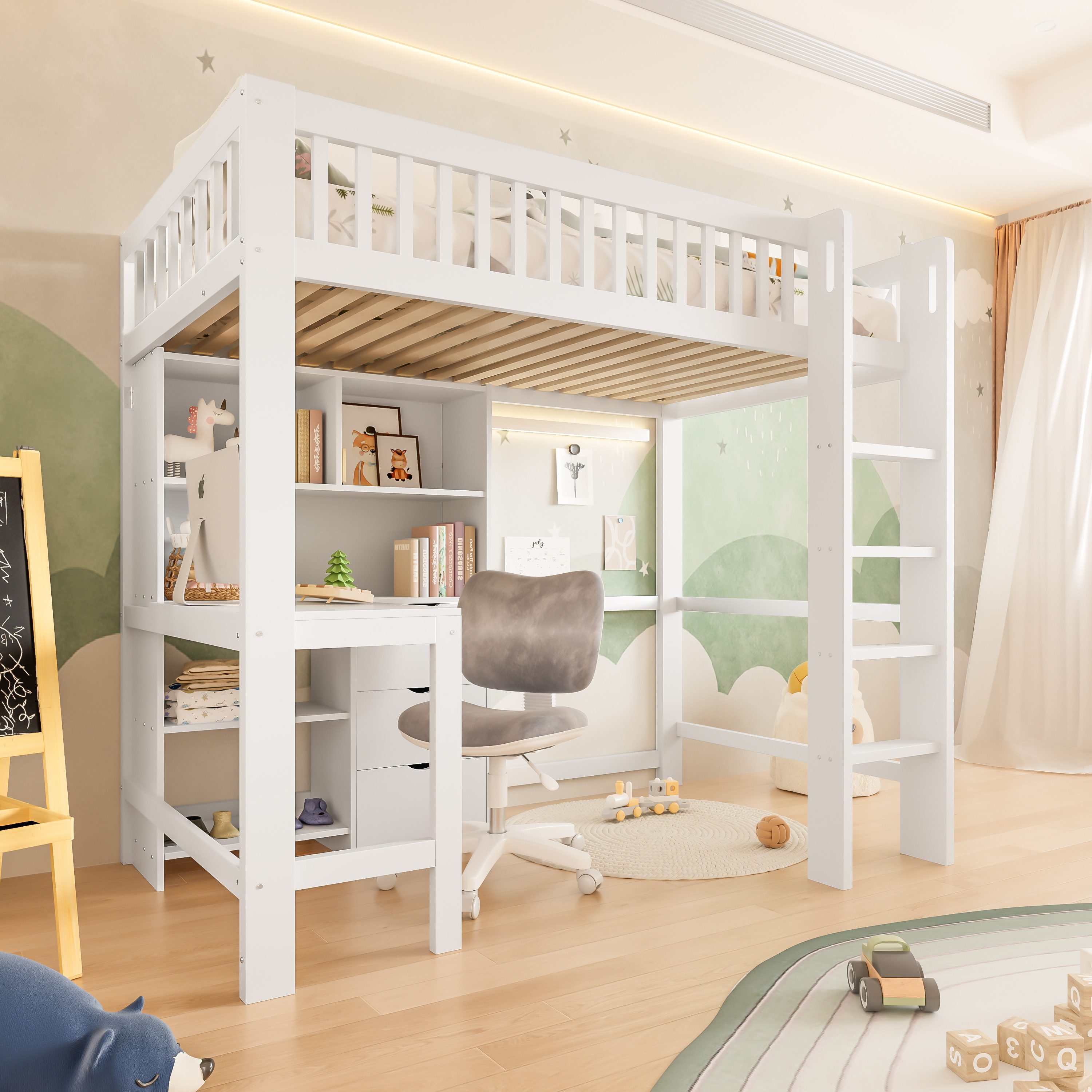 HAUSS SPOLE Hochbett 90x200 mit Schreibtisch,Jugendbett Stauraumbett mit Geländer®al (Doppeltür mit Stauraum für Kleidung & Accessoires, Modernes Design, 70 x 40 x 170 cm)