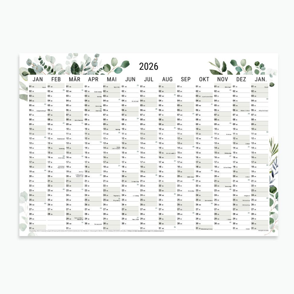 heaven+paper Jahresplaner A1 Wandplaner 2026 Green Querformat, hochwertig verarbeitet & modern, Hergestellt in Deutschland
