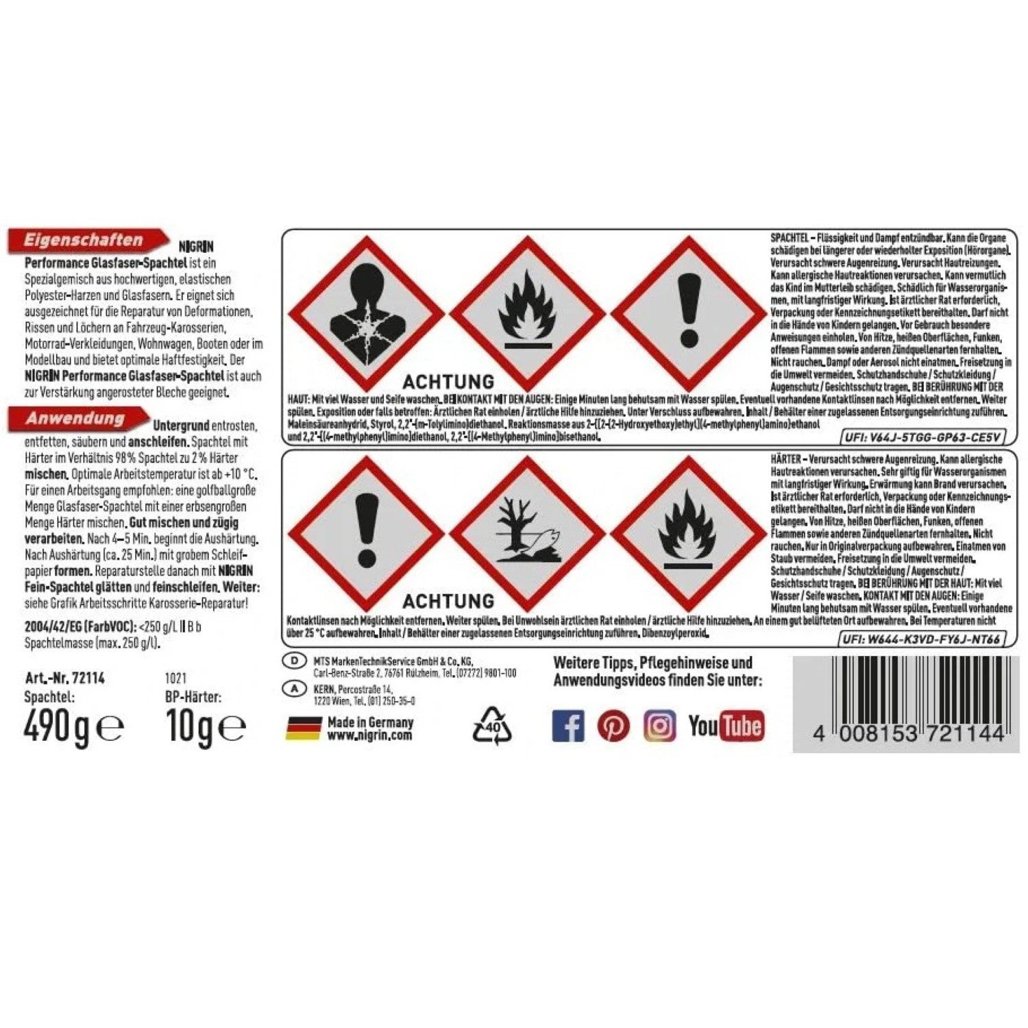 NIGRIN Spachtelmasse 2K Glasfaser-Spachtel mit Härter-500g günstig online kaufen