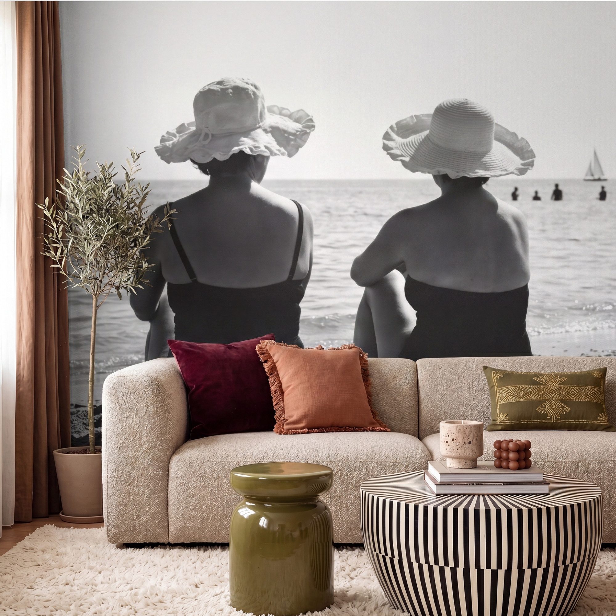 OnlyWow Fototapete Frauen – Sonnenhut – Strand – Schwarz – Weiß, Matt, bedruckt, Wanddekoration, Wandtapete, Schlafzimmer 260x220cm