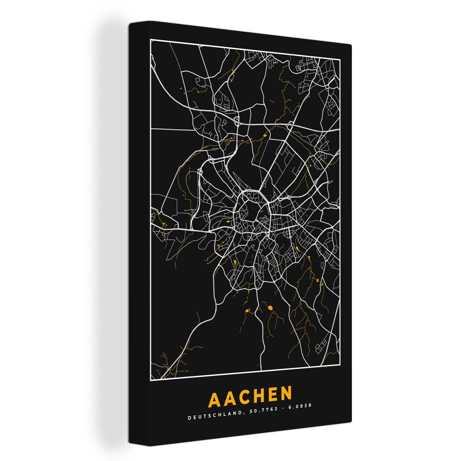 OneMillionCanvasses® Leinwandbild Aachen - Gold - Stadtplan - Karte - Deutschland, (1 St), Leinwandbild fertig bespannt inkl. Zackenaufhänger, Gemälde, 20x30 cm