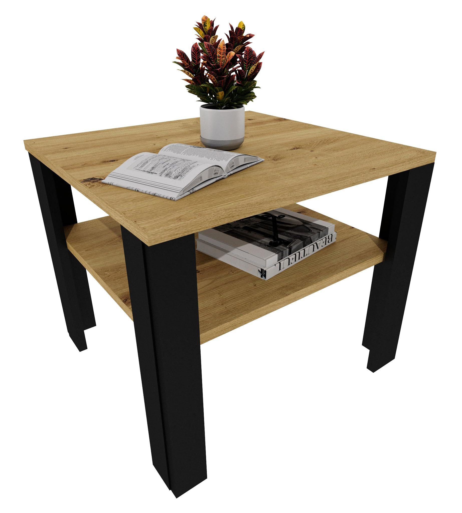 TREND WERK Couchtisch mit zusätzlicher Ablagefläche in 53×53×47 cm und 92×50×45 cm (Moderner Wohnzimmertisch im Retro Loft Design), Stabiler Beistelltisch für Wohnzimmer, Büro & Lounge