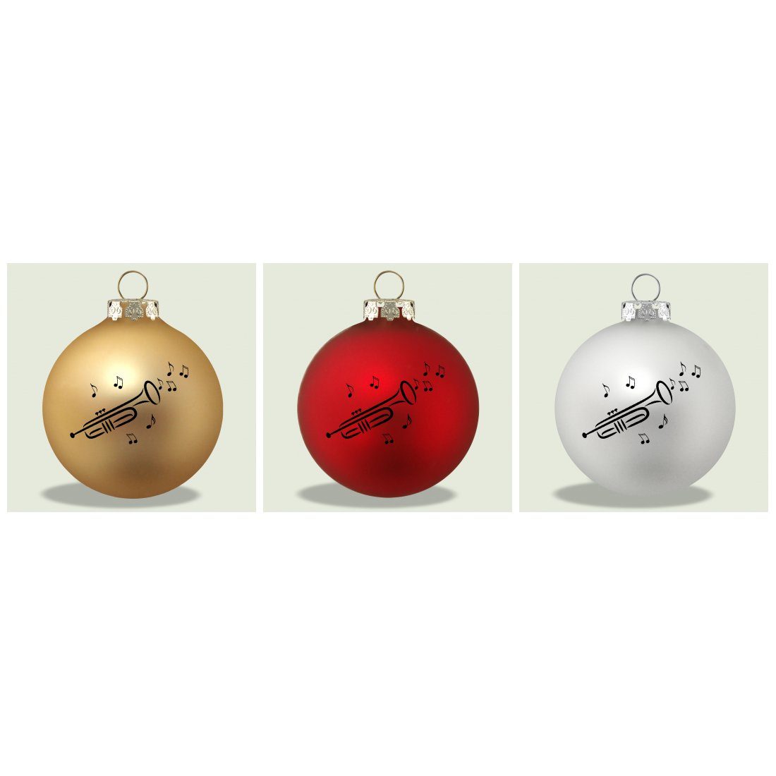 Musikboutique Weihnachtsbaumkugel, 3er-Set aus Glas mit Trompete-Druck, rot/gold/silber Farbe schwarzem