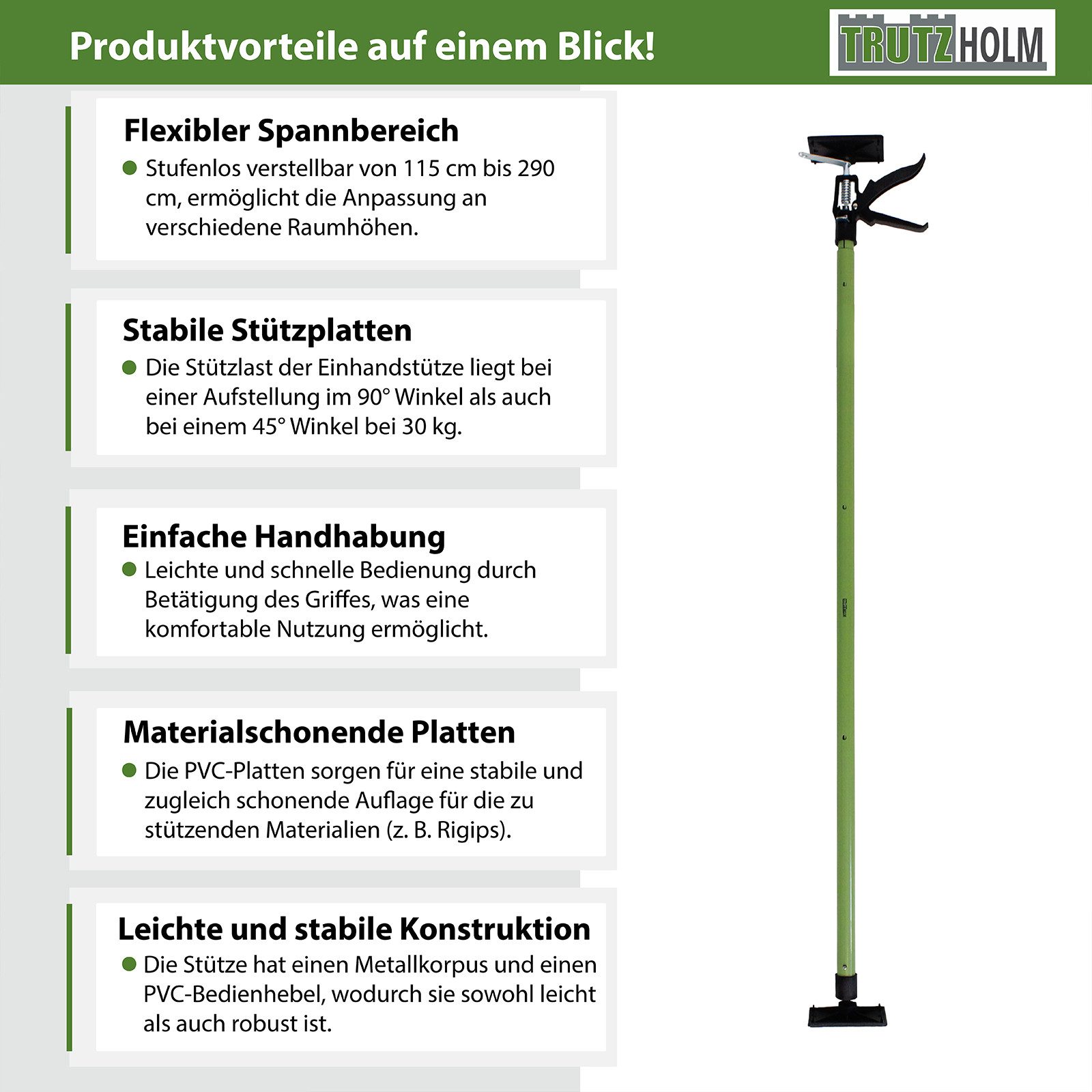TRUTZHOLM Montageklemme Profi Einhandstütze Montagestütze Deckenstütze Teleskopstütze, B: 13 cm, L: 290 cm, (Stück, 1-tlg., bis 290cm), materialschonend