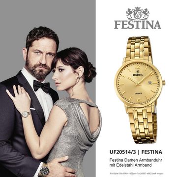 Festina Quarzuhr Festina Elegant Damen Uhr F20514/3 Stahl, (Analoguhr), Damen Armbanduhr rund, Edelstahlarmband gold, Elegant