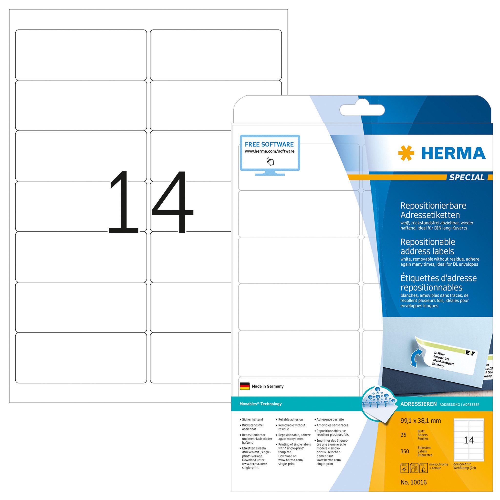 HERMA Ярлыкиpapier Herma Ярлыки für Adressen ablösbar 99,1 x 38,1 mm weiss 25 Bl 350