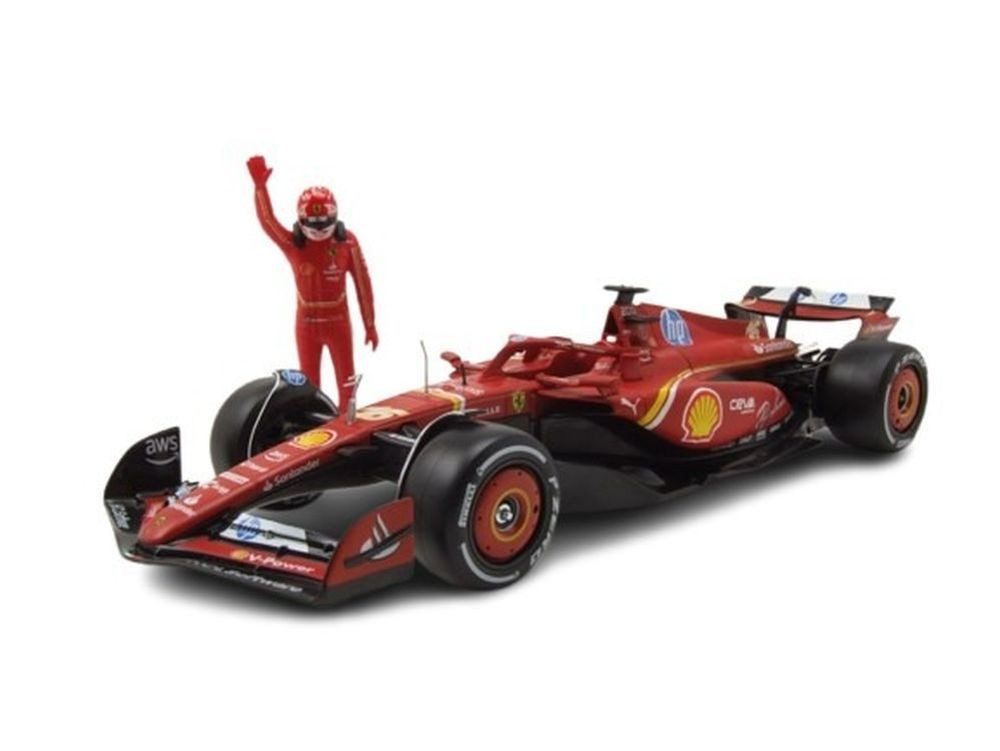 Bburago Modellauto Ferrari SF24 #16 Formel 1 2024 mit Leclerc Figur, Maßstab 1:24