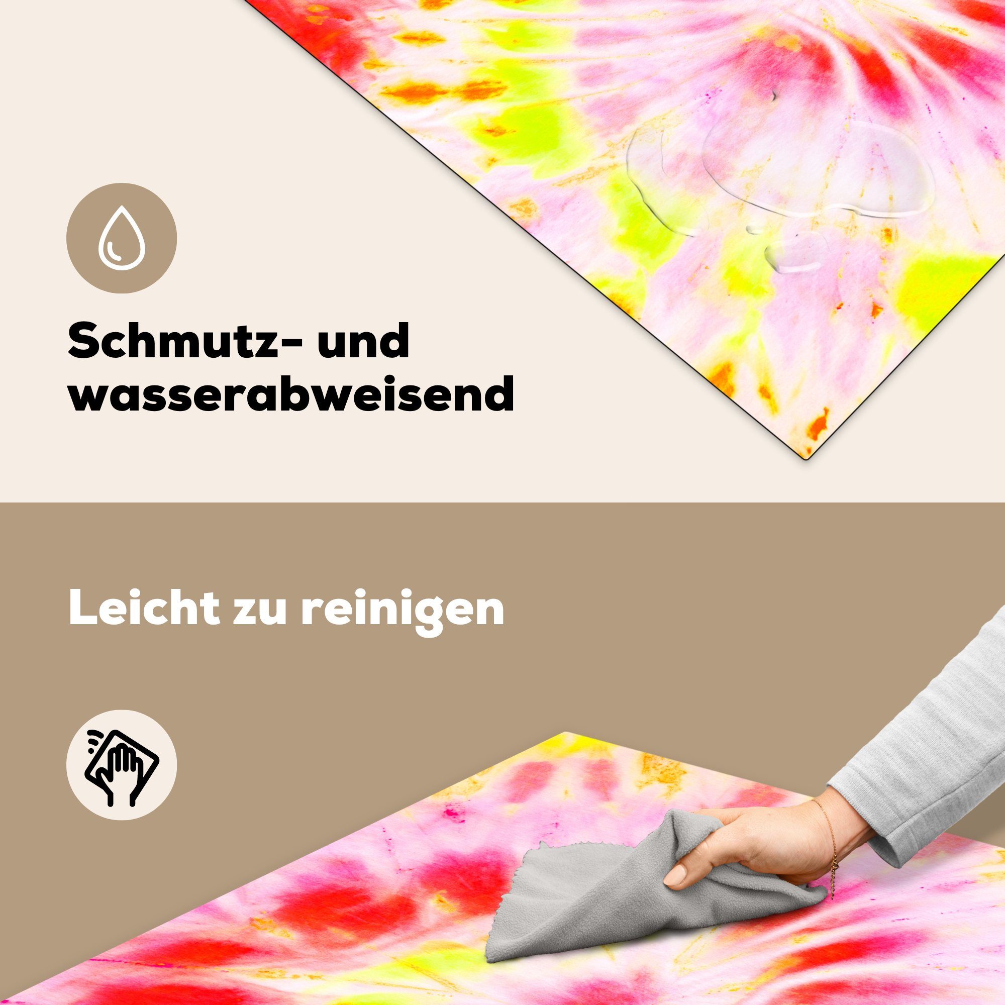 (1 cm, MuchoWow Vinyl, Gelb, tlg), - küche für 78x78 - Rot Krawattenfärbung Ceranfeldabdeckung, Arbeitsplatte Herdblende-/Abdeckplatte