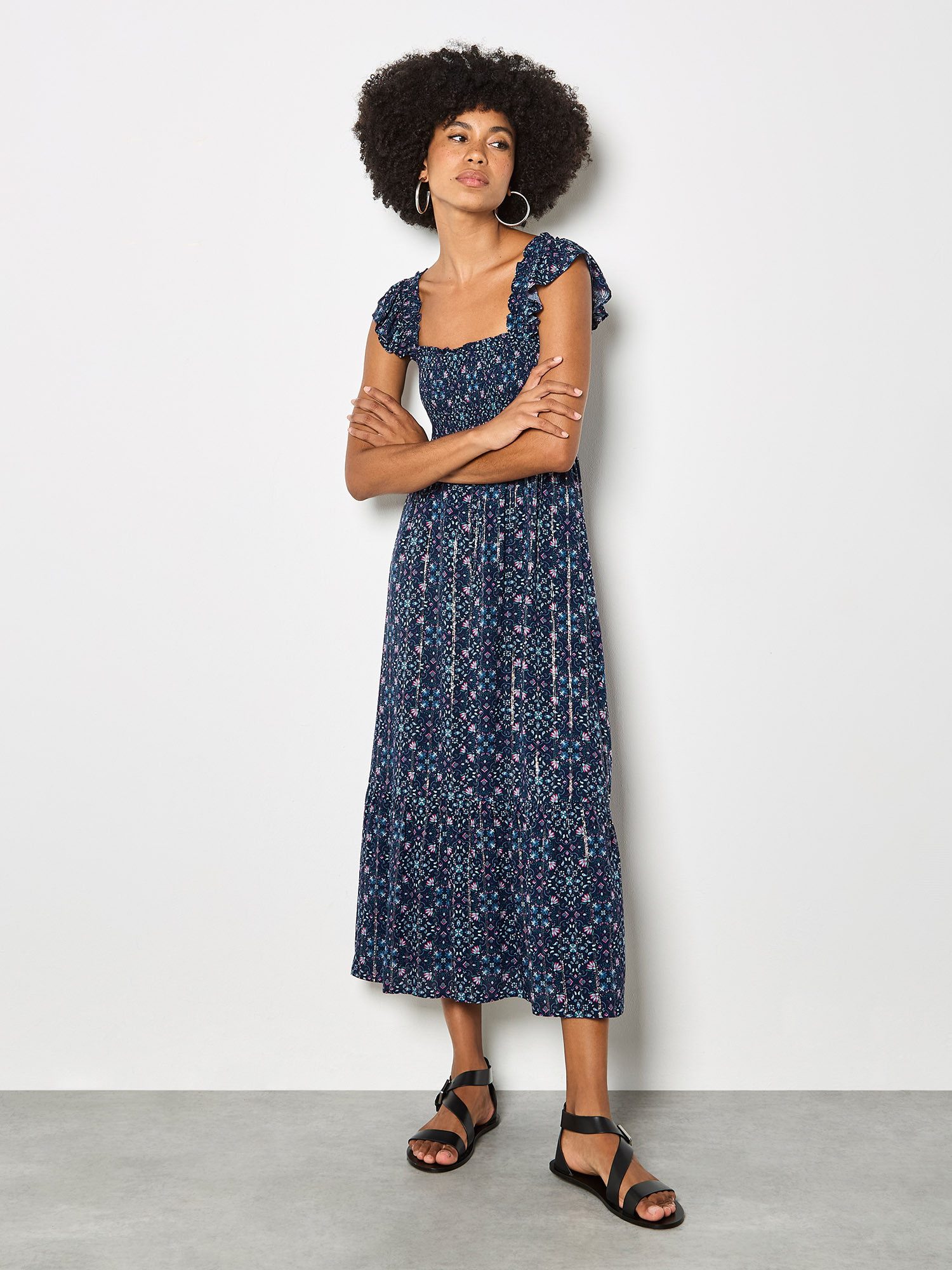 Apricot Smokkleid Folk Floral Metallic Midi-Kleid günstig online kaufen