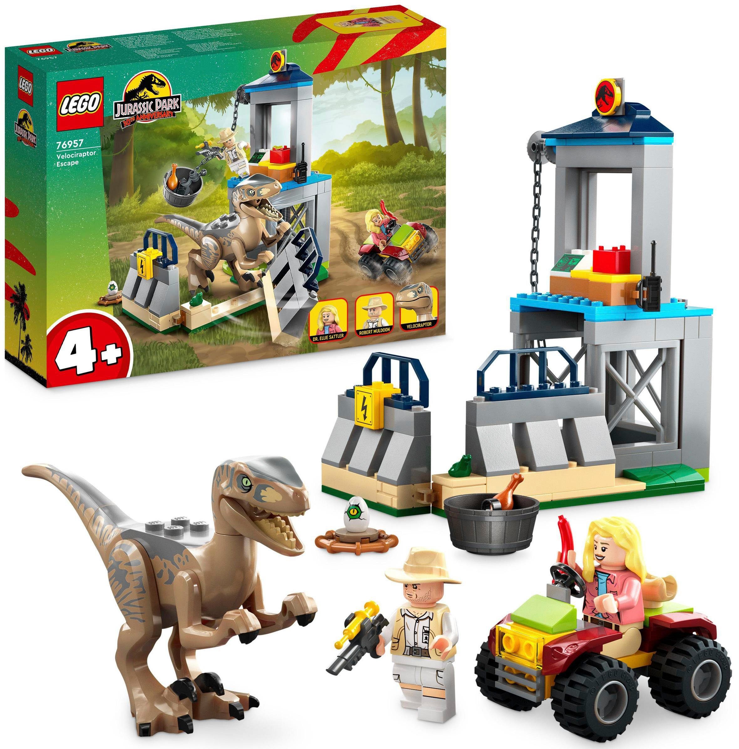 in Konstruktionsspielsteine Flucht Velociraptors Jurassic des mit Made Dino-Ausbruchfunktion St), Europe, Park, und eine LEGO® Seilwinde Futterkorb (137 LEGO® (76957),