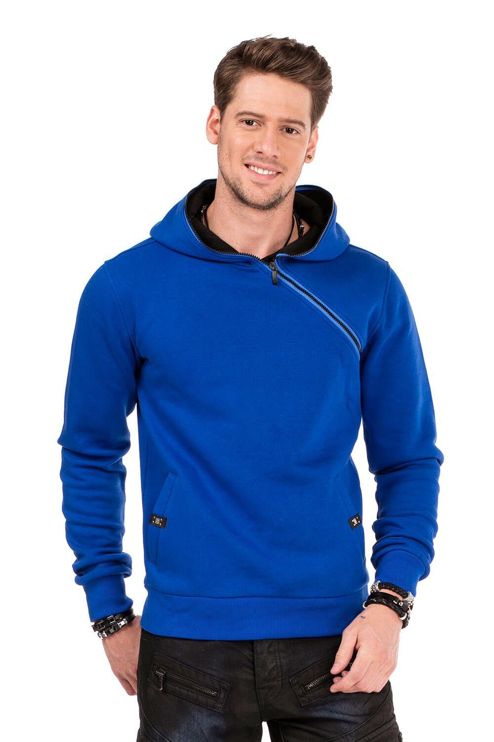 Cipo & Baxx Kapuzensweatshirt mit Reißverschluss Kragen blau