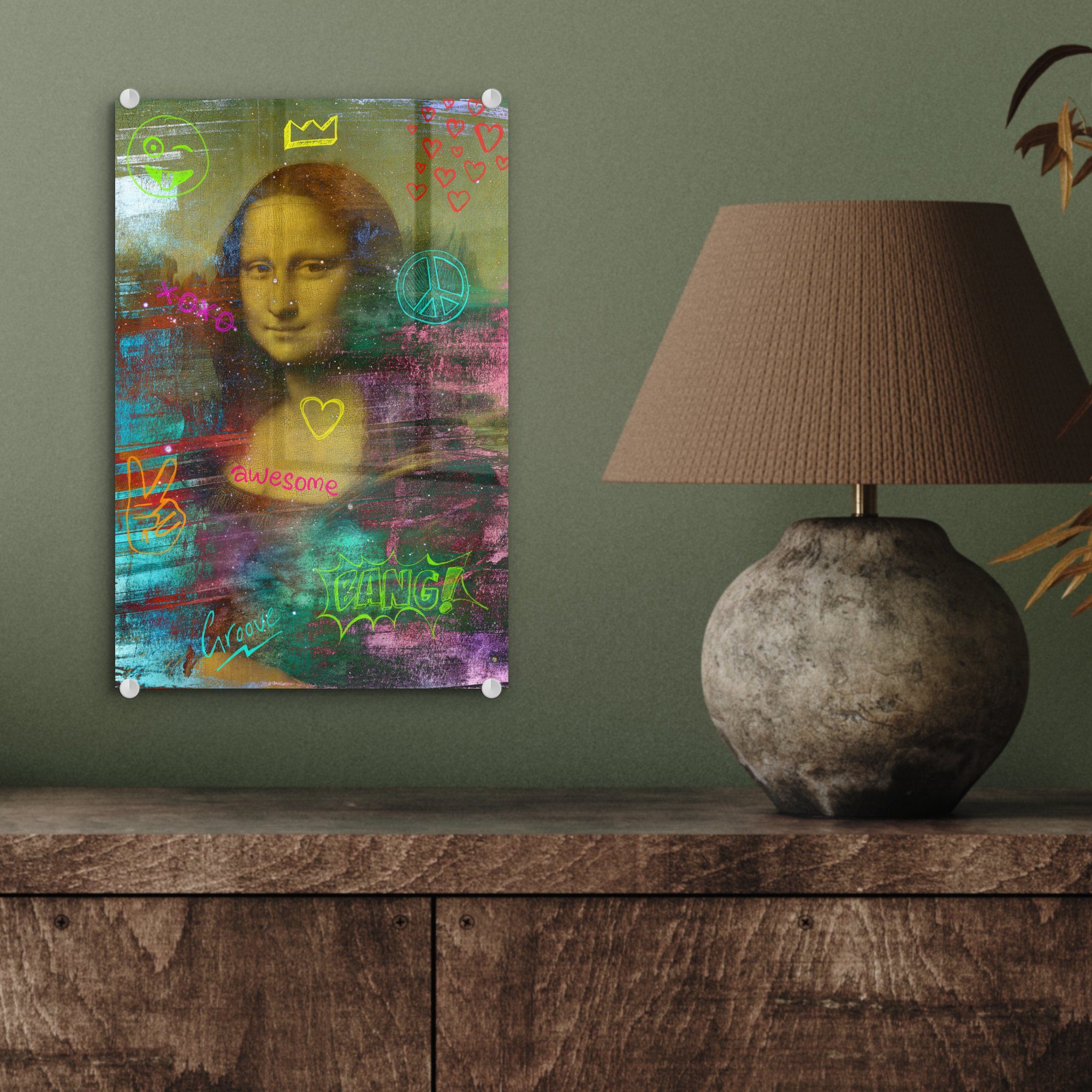 Glas Lisa auf auf Vinci - bunt MuchoWow - Glasbilder Wandbild Bilder Wanddekoration St), - Glas Foto Acrylglasbild Mona Neon, Leonardo - (1 - da