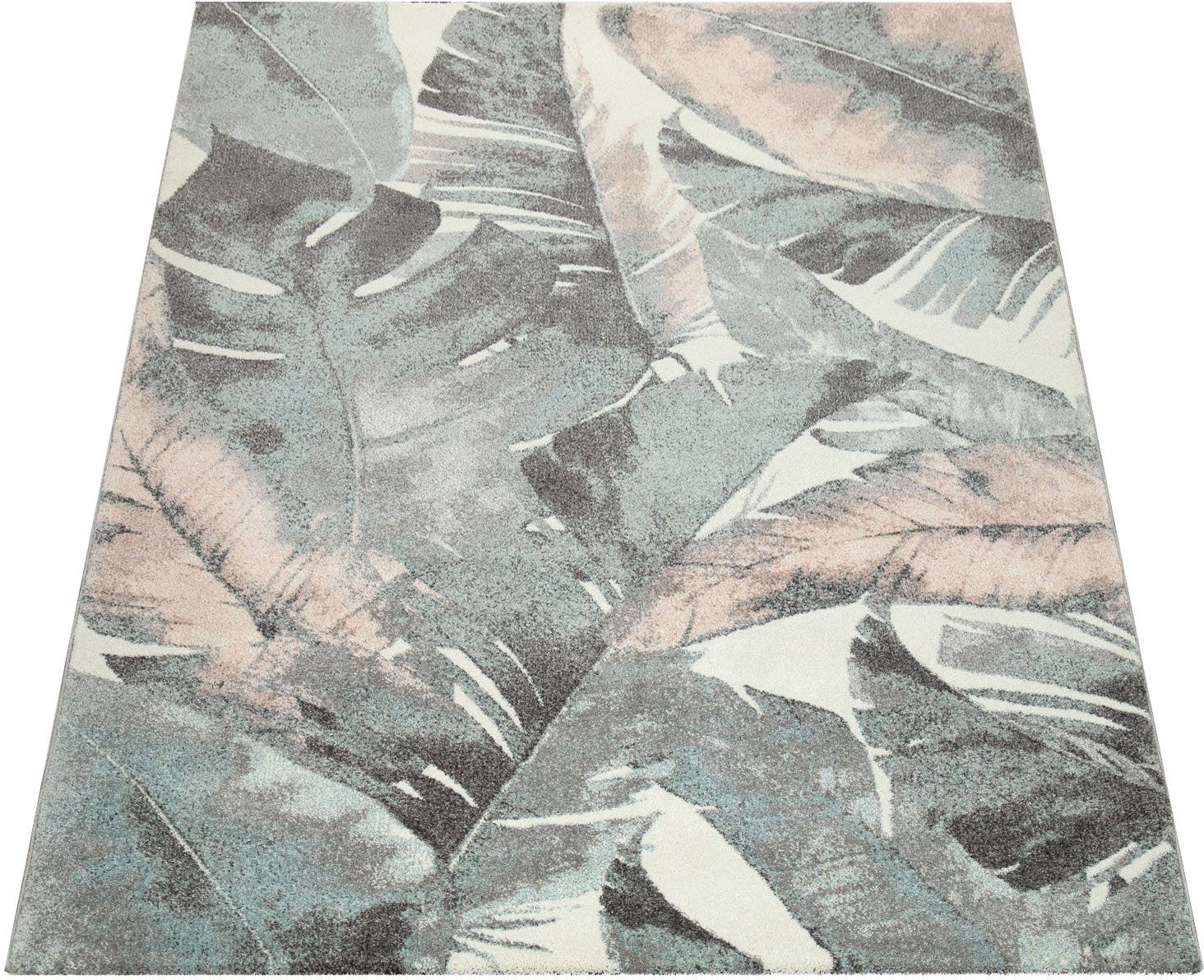 Paco Home Teppich Kosy 518, rechteckig, Höhe: 17 mm, Kurzflor, Motiv Blätter, Pastell-Farben