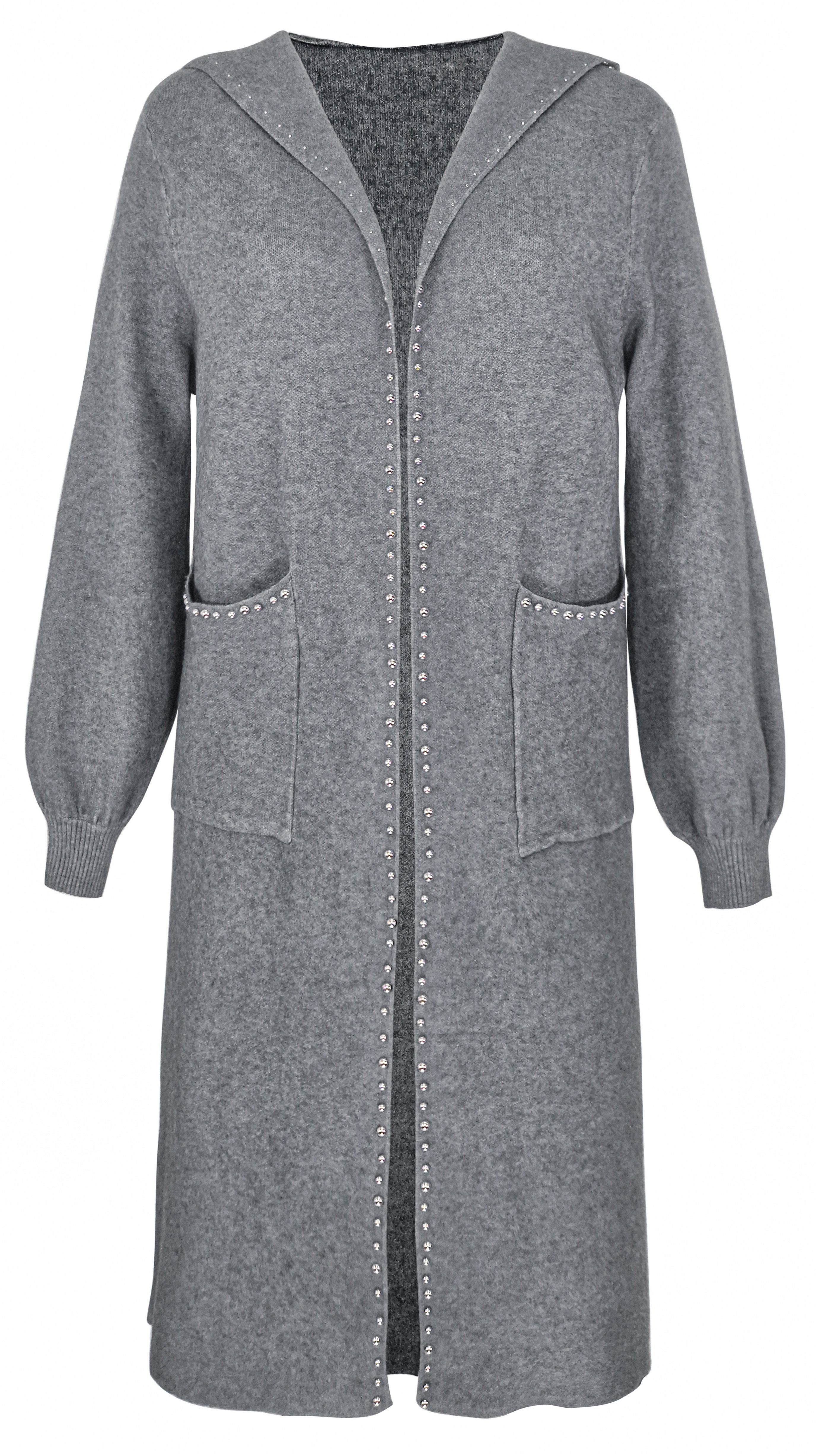 dy_mode Longstrickjacke Damen Strickmantel Langer Cardigan Strickjacke Strickcardigan Kapuze in Unifarbe, mit Kapuze und Ziernieten