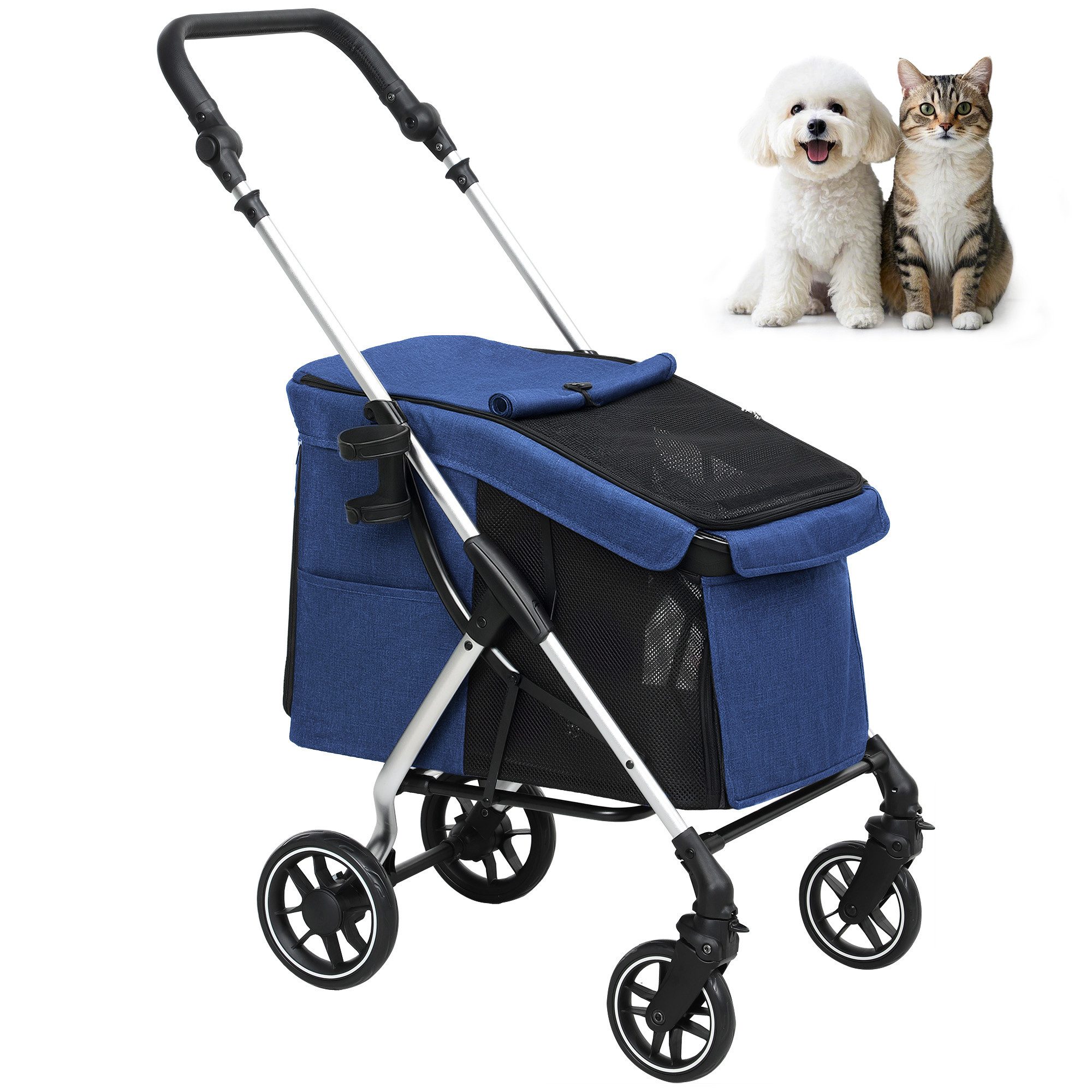 PawHut Hundebuggy leicht aus Aluminium klappbar für Hunde & Katzen mit Kissen, (Hundewagen, 1-tlg), Aufbewahrungskorb, Katzenwagen, Buggy, Blau