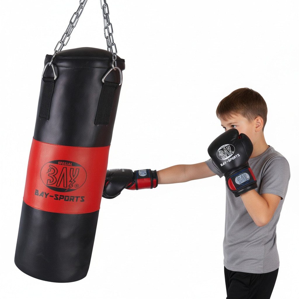 BAY-Sports Boxsack Boxset für Kinder gefüllt Box-Set Sandsack Boxhandschuhe Kids Junior (3 Teile), Hochwertige Ausführung - Für höhere Ansprüche