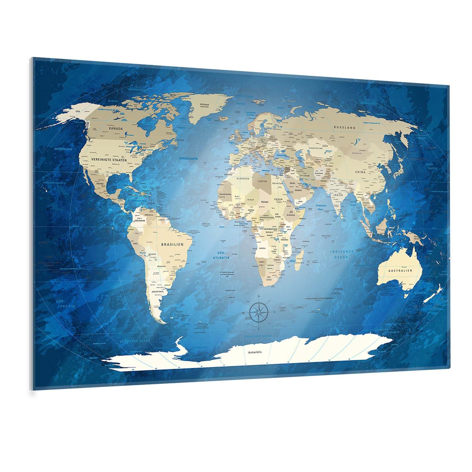 LANA KK Glasbild magnetische Weltkarte, deutsche Beschriftung