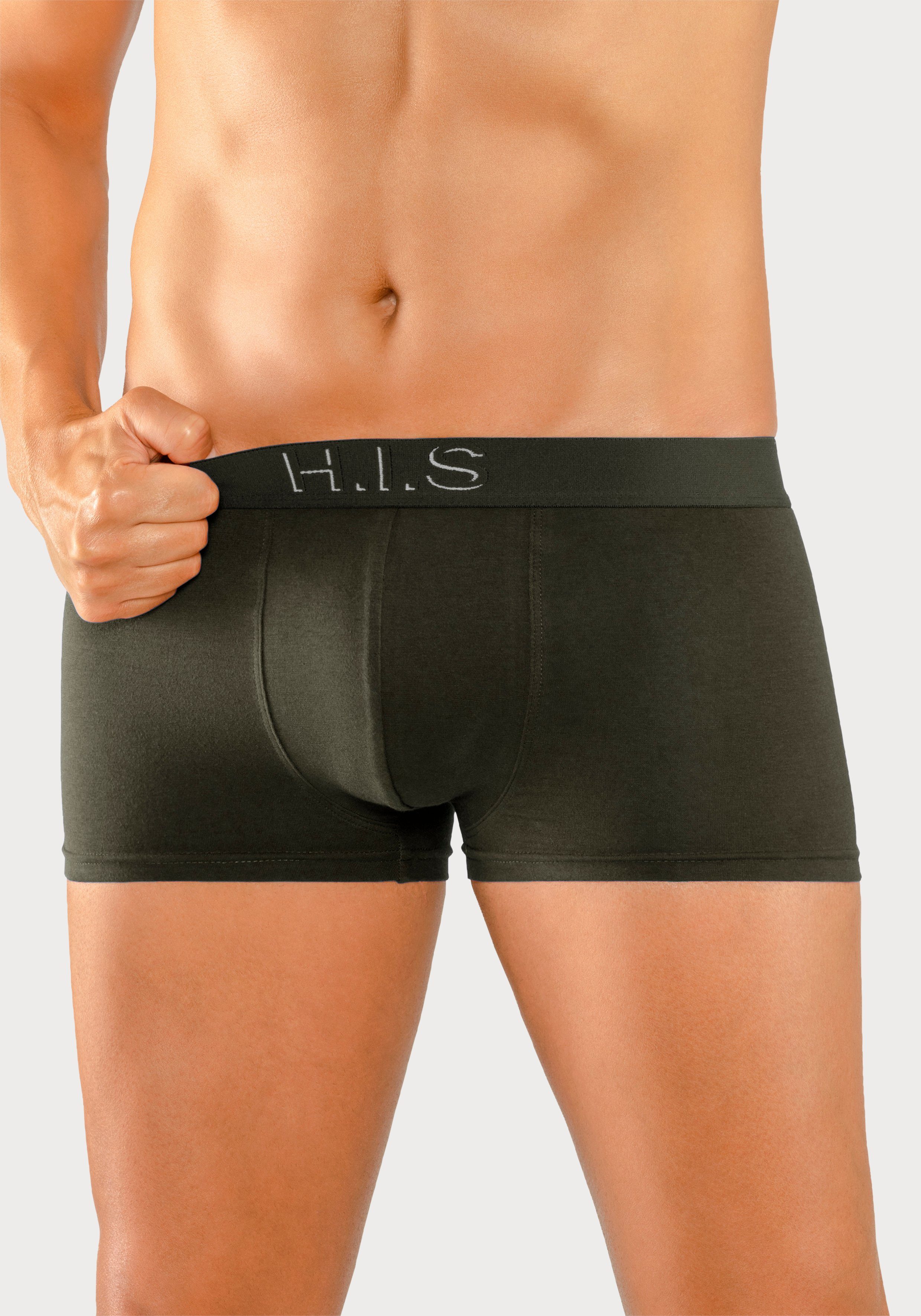 Logoschriftzug mit in schwarz, am 5-St) petrol, H.I.S Hipster-Form Boxershorts (Packung, Webbund mit navy bordeaux, 3D olivgrün, Effekt