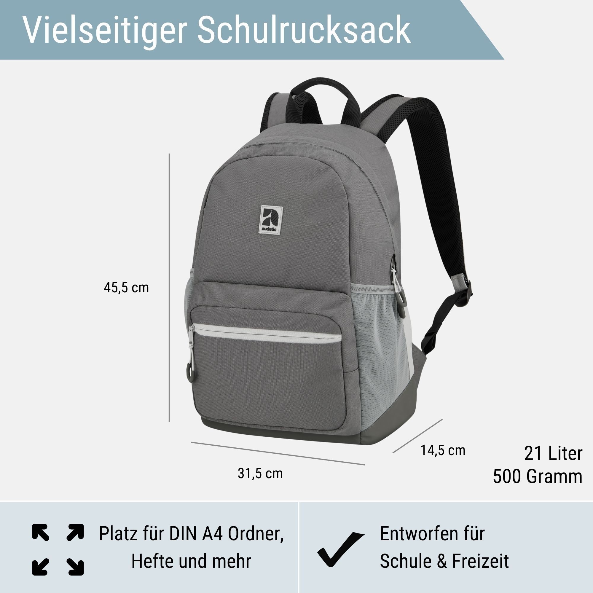 audetic Schulrucksack FLEX Rucksack Schule Schulrucksack Mädchen Jungen, Viele Fächer, Laptopfach, Wasserabweisend