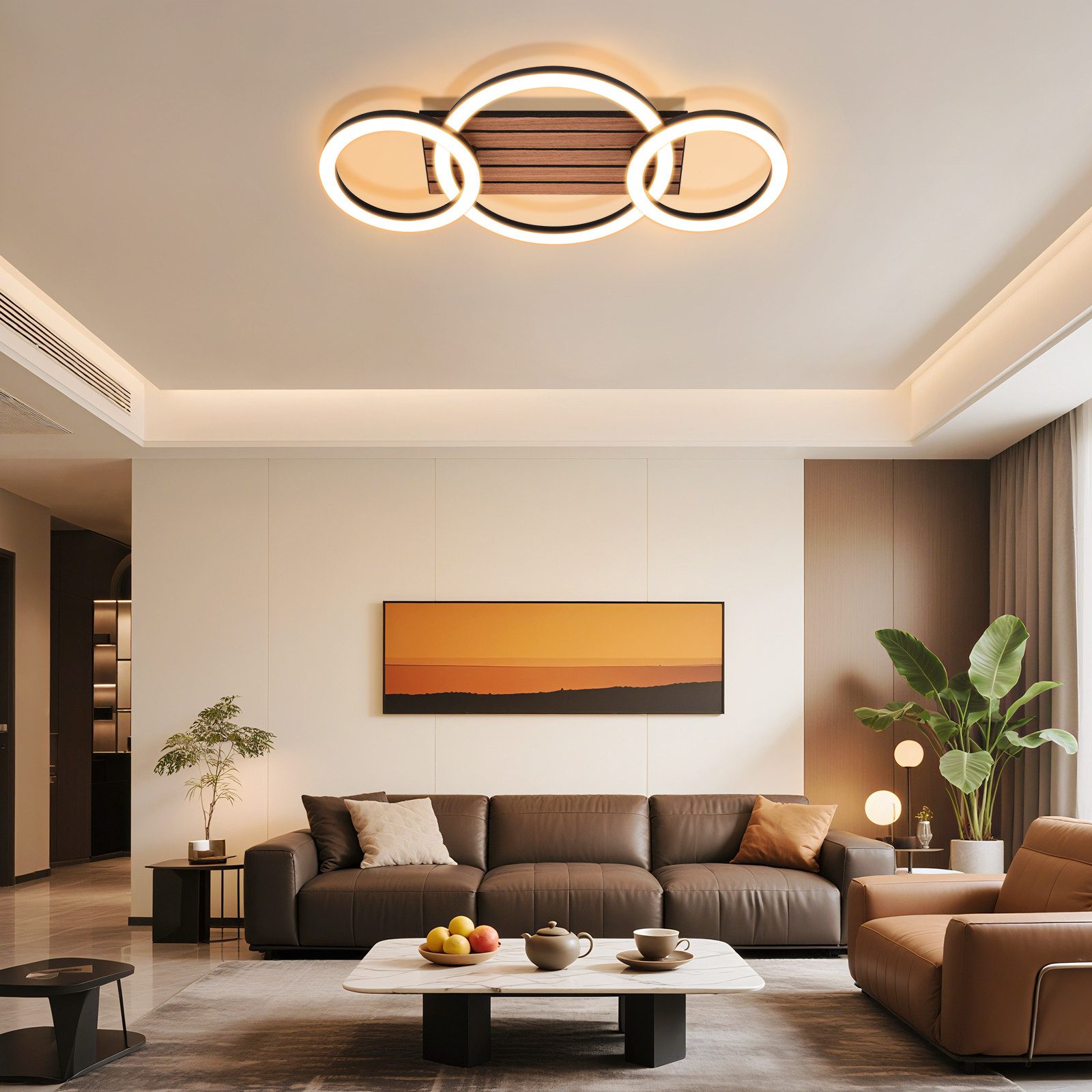 ZMH LED Deckenleuchte 3-Ringe 58 cm Schwarz Holzoptik 21W Warmweiß, LED fest integriert, warmweiß, 3-Ringe-Design, Holzoptik, warmweißes Licht – Bild 4 von 5