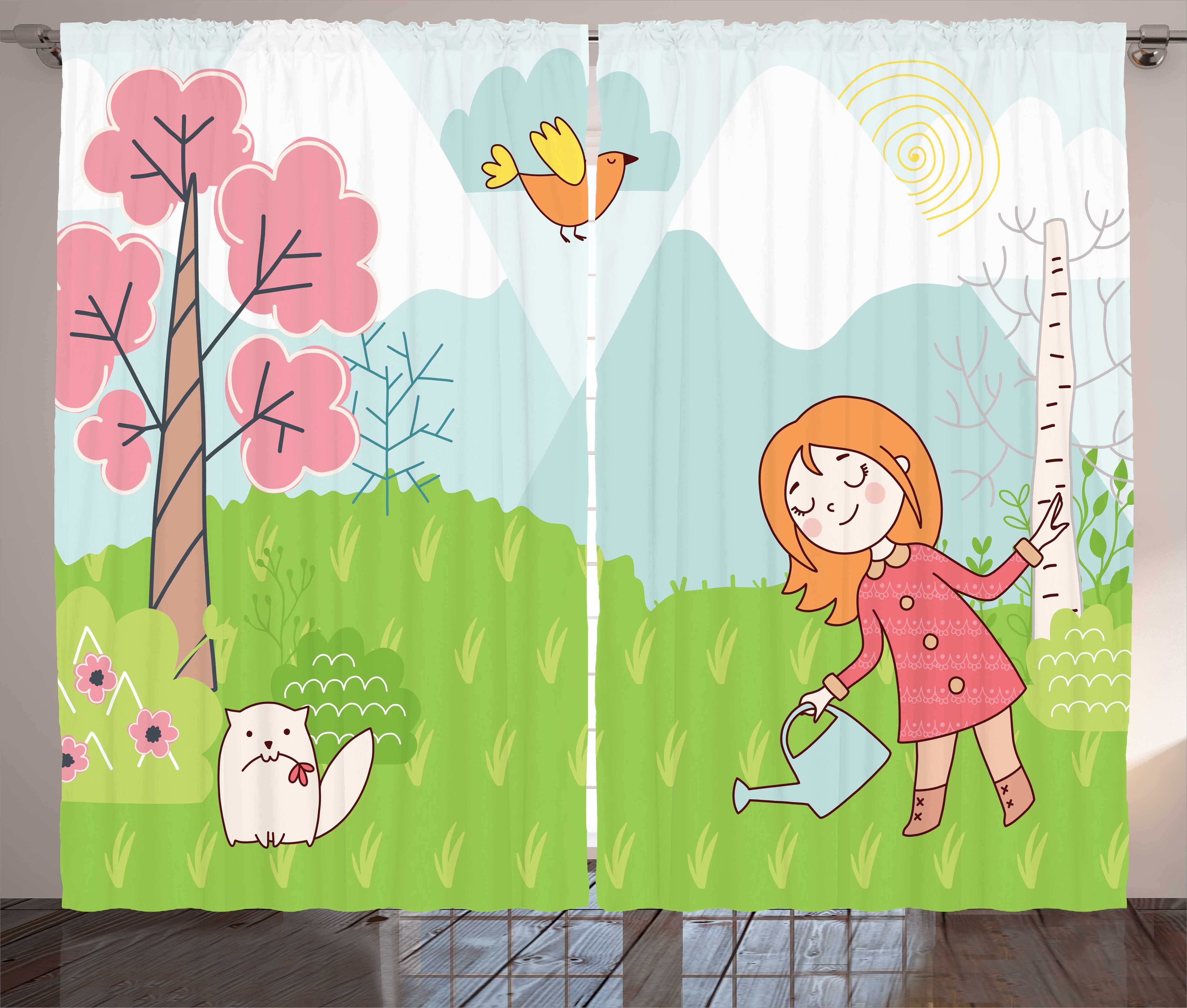 Schlaufen Kindergarten Vorhang mit Schlafzimmer und Karikatur-Mädchen-Tier in Gardine Holz Kräuselband Haken, Abakuhaus,
