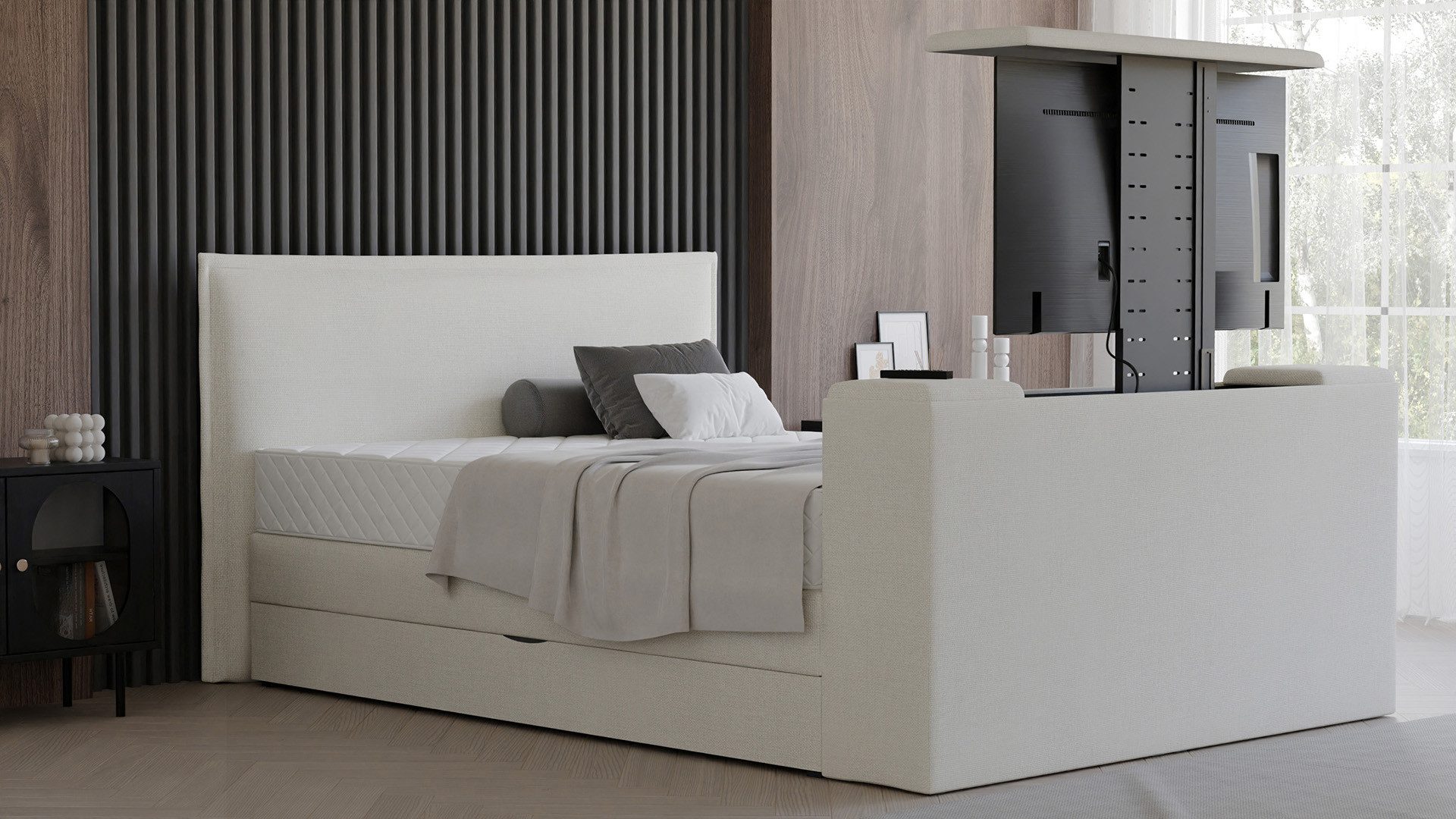 PAARA Boxspringbett mit TV Lift und Bettkasten inkl. Matratze mit integrierten Topper, mit einzigartigem Belüftungssystem