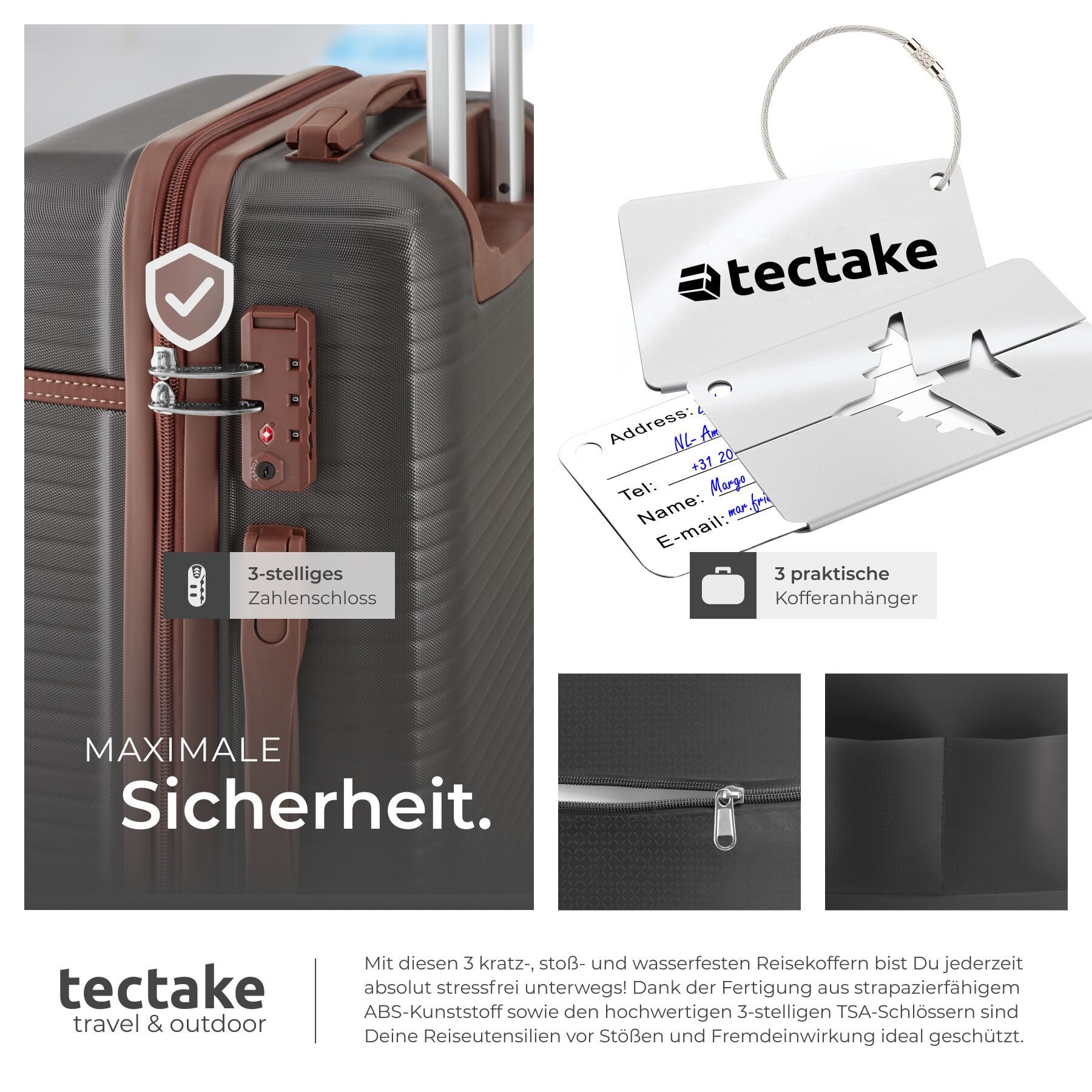 tectake Trolley Hartschalenkoffer-Set 13-tlg. robuster ABS-Kunststoff mit, 4 Rollen, TSA-Sicherheitszahlenschloss, 360° drehbare, abnehmbare Doppelrollen