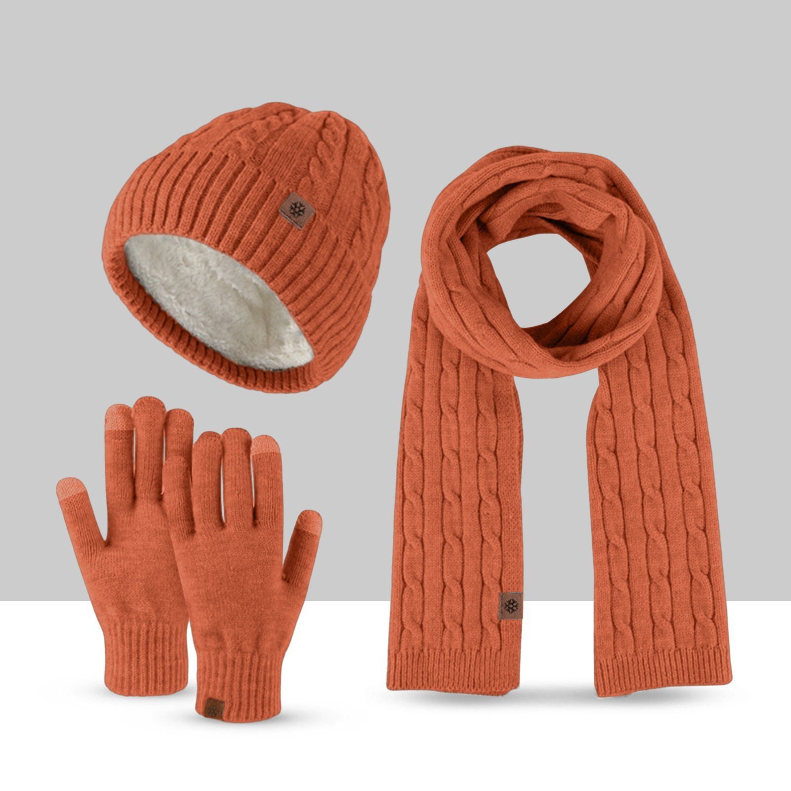 Rutaqian Beanie Winter Warm Beanie Mütze Schal und Touchscreen Handschuhe Set (Der Durchmesser des Hutes beträgt 22,5 cm, was etwas größer sein wird, Dreiteiliges, kältebeständiges, warmes Fleece-Set für den Außenbereich) für Herren und Damen (große Größe) Orange