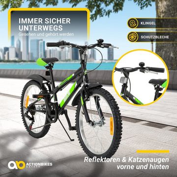 Actionbikes Motors Kinderfahrrad Kinder Fahrrad Dirt Bike BMX Arrow, 6 Gang, Kettenschaltung, (20 Zoll, ab 115 cm Körpergröße, 6 Gänge, Schutzblech, Reflektoren, Katzenaugen, Klingel, Seitenständer, Luftreifen, 1-tlg., V-Brake-Bremsen, Diamantrahmen, 40 kg Traglast, schwarz / grün), höhenverstellbares Bike Jungen Mädchen Kinderrad ab 6 Jahre