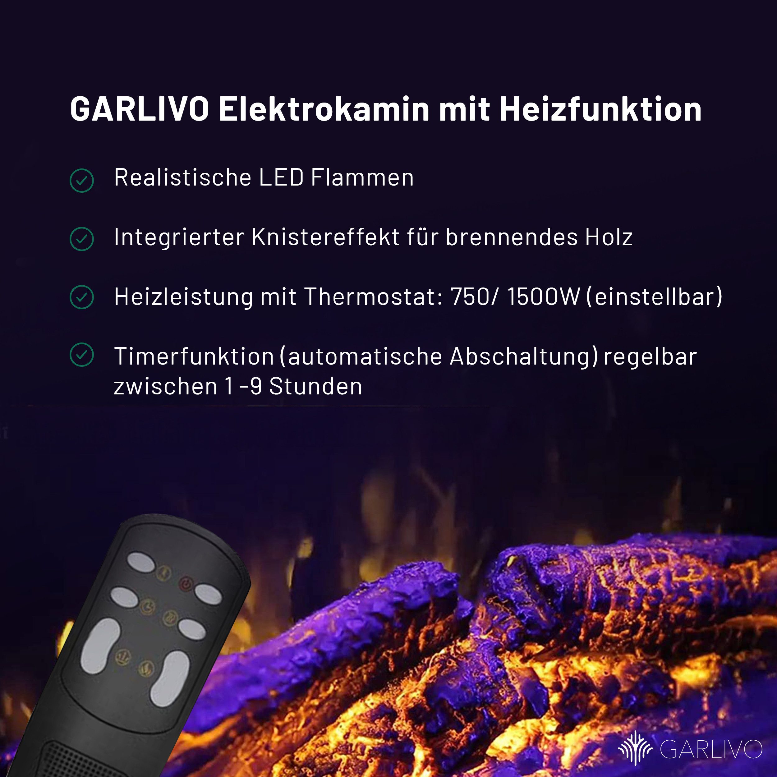 GARLIVO Elektrokamin Garlivo ROMA Elektrokamin, täuschend echte Flamme mit Heizung und Knistereffekt – Bild 5 von 5