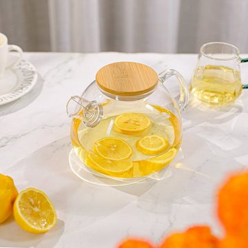 SAWAKE Teekanne, 1,6 l, aus Glas Edelstahl mit Stövchen aufhängbarer Filter Bambusdeckel