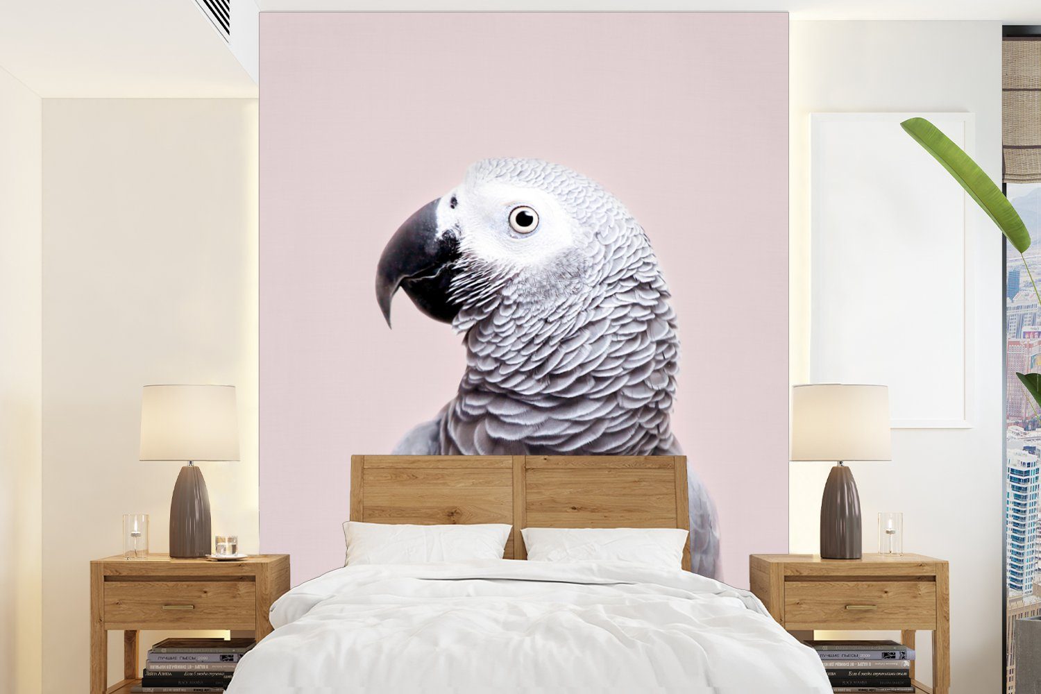 MuchoWow Fototapete Papagei - Grau - Tiere - Natur, Matt, bedruckt, (4 St), Montagefertig Vinyl Tapete für Wohnzimmer, Wandtapete
