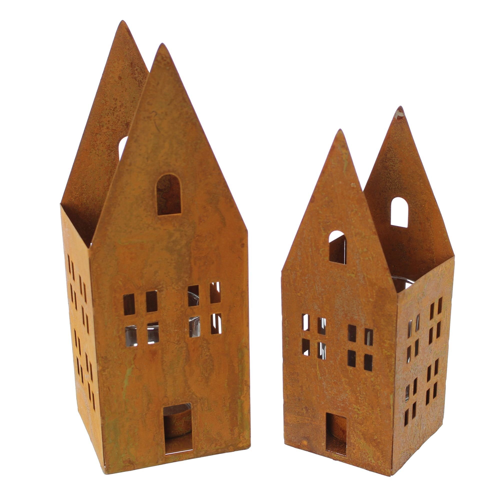 Teelichthalter "Haus" aus Metall in Rostoptik mit Windlichtglas, Kerzenhalter