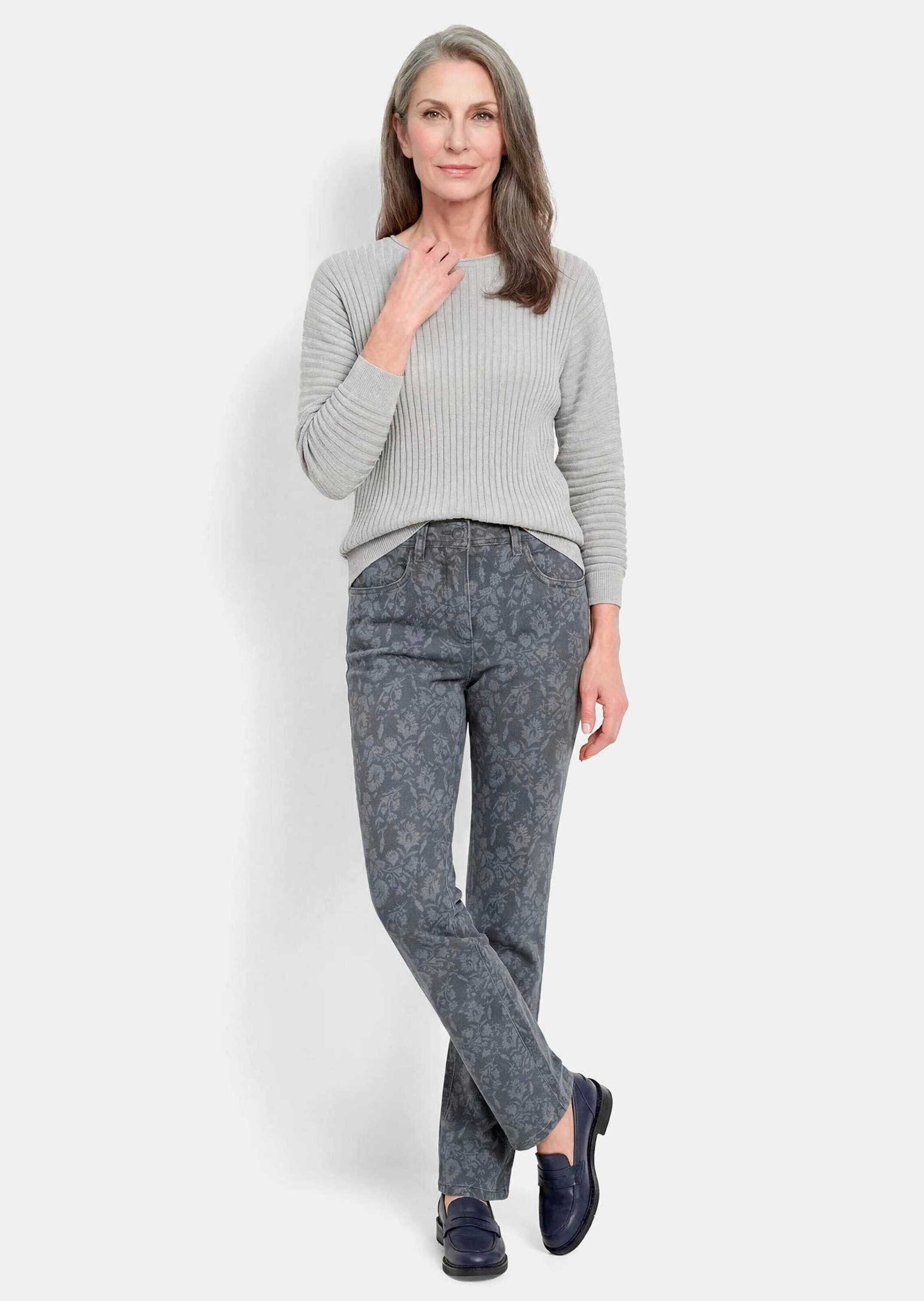 GOLDNER 5-Pocket-Jeans Slim Fit Jeans LOUISA mit Blumendruck 4-Pocket-Jeans,Teildehnbund, Gürtelschlaufen, bedruckter Denim
