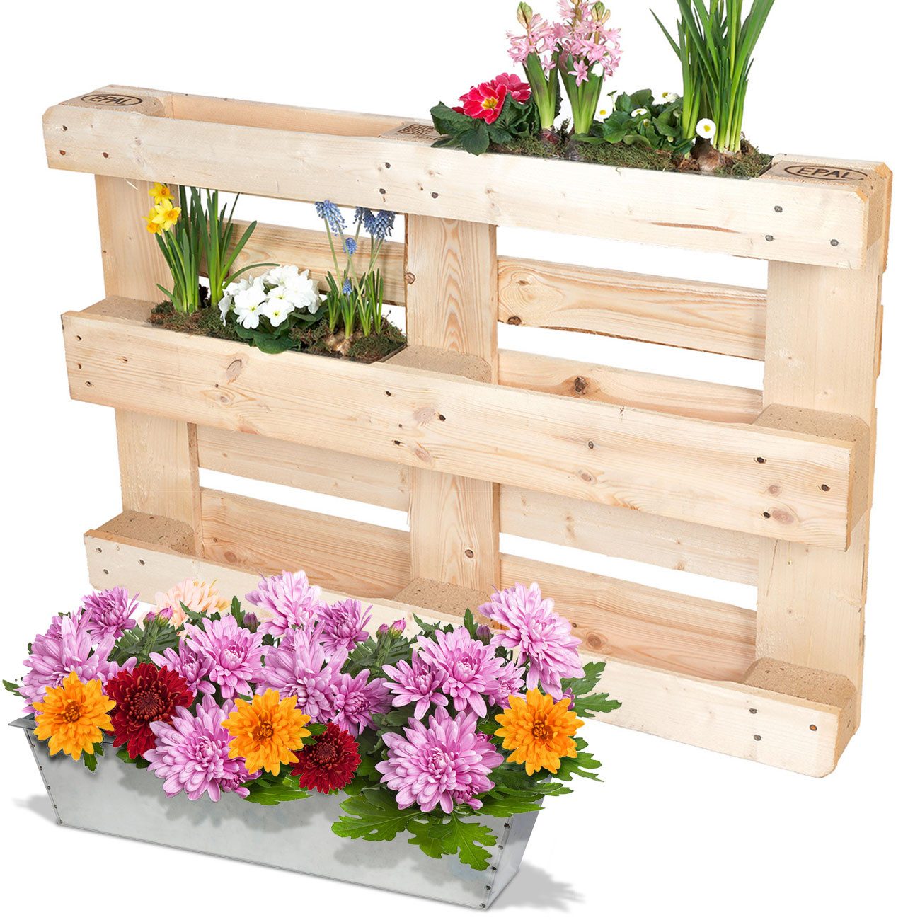 Casativo Blumenkasten Paletten-Pflanzkasten: Verzinktes Metall, 38.5x13.5cm, 3 Ablauflöcher (1 St), Mit 3 Wasserablauflöchern im Boden