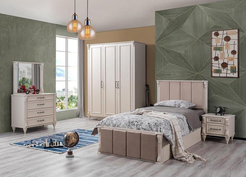 Jugendzimmer-Set XLMOEBEL Kinderzimmer Set in Beige mit Bett, Nachttisch und Kommode