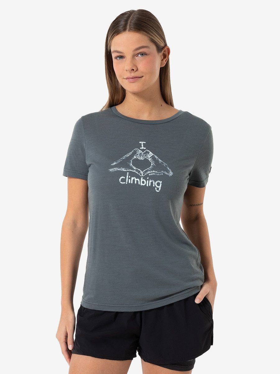 SUPER.NATURAL T-Shirt für Damen, Merino I LOVE CLIMBING Kletter Motiv, aktiv