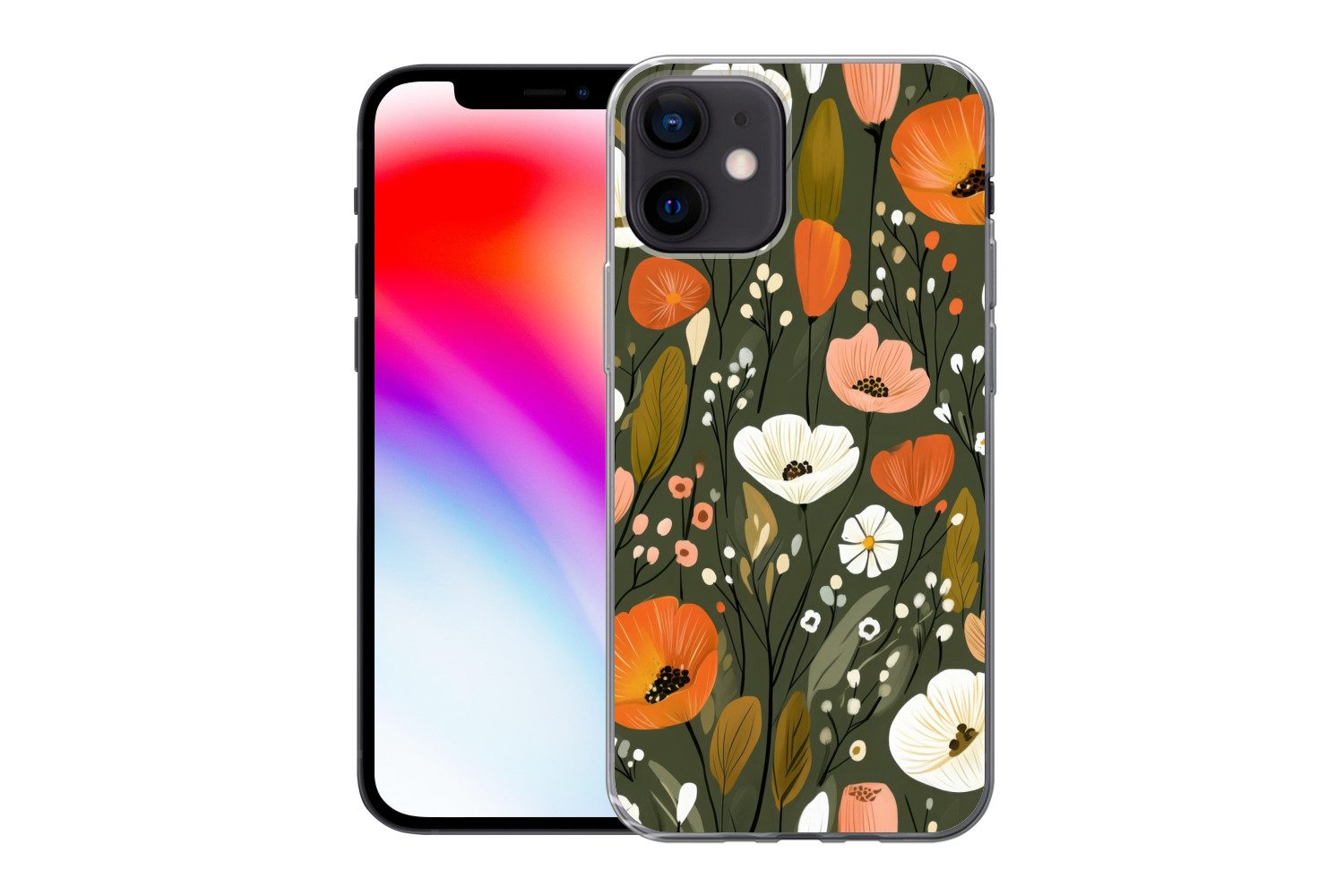 MuchoWow Handyhülle für Apple iPhone 12 Blumen - Illustration - Grün, Smartphone-Bumper, Print, Handy Schutzhülle Dünn
