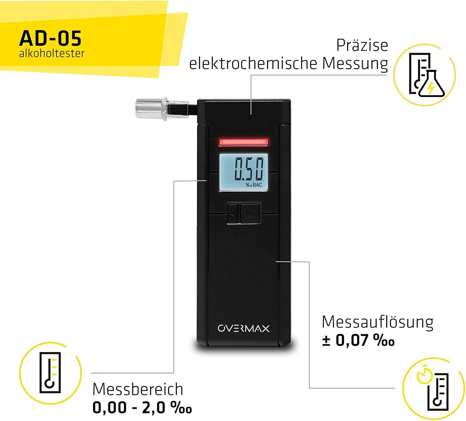 Overmax Alkohol-Teststreifen AD-05, Alkohol-Tester, Elektrochemischer Platin-SensorGenaue Messung