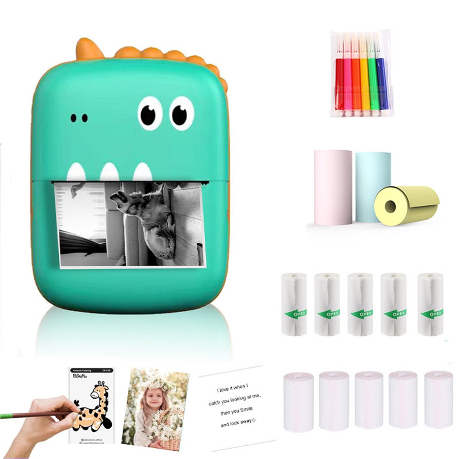 MOPUEA Mini Thermodrucker Tragbare Labeldrucker 13Rollen Papier+6Bunte Stifte Etikettendrucker, (kompakt, vielseitig, langlebig, einfach bedienbar, bluetooth)